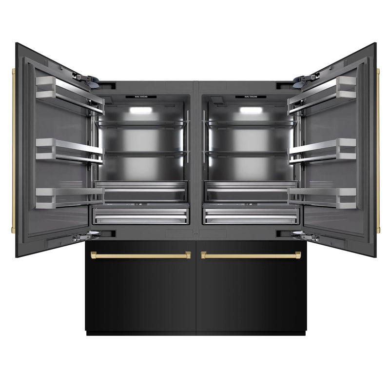 ZLINE Autograph Edition 72-Inch 39.6 cu. ft. French Door Built-In Bottom Freezer Refrigerator with Water Dispensers and Ice Makers in Black Stainless Steel with Graphite Gray Interior and Champagne Bronze Accents (GRBITZ-BS-72-CB)