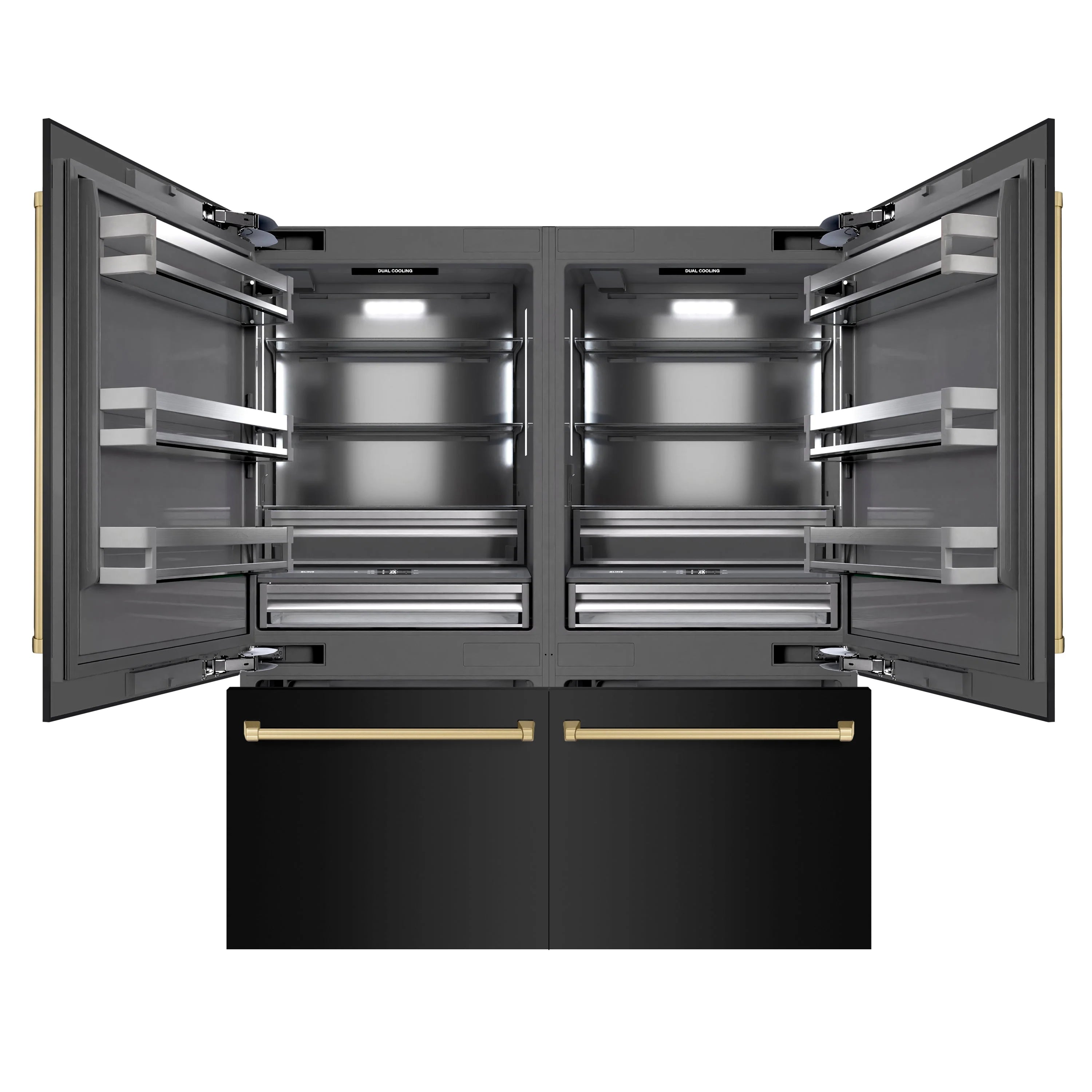 French door bottom freezer refrigerator, open doors with gray interior shelves and drawers