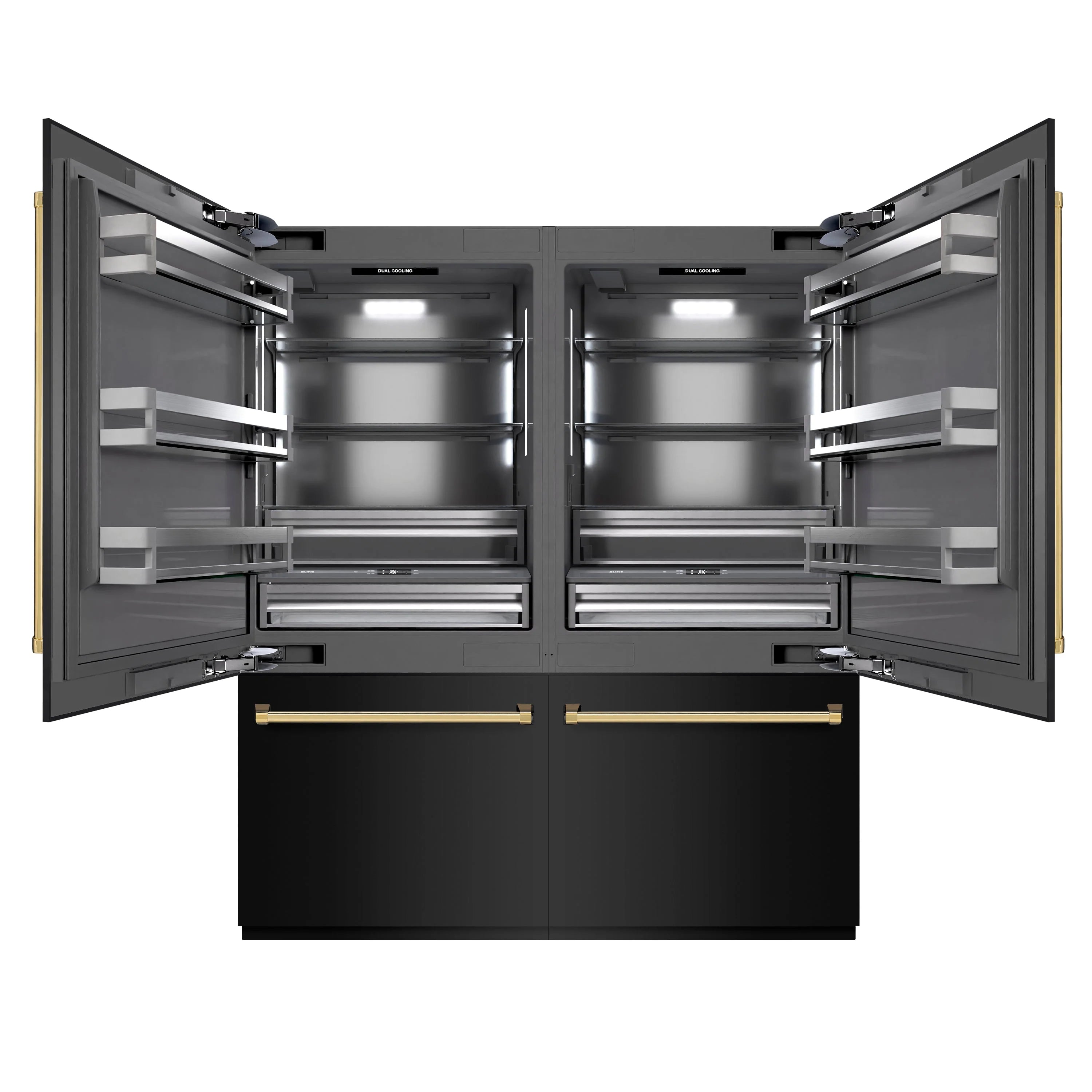 Black stainless French door refrigerator with bottom freezer; open doors show shelves and drawers