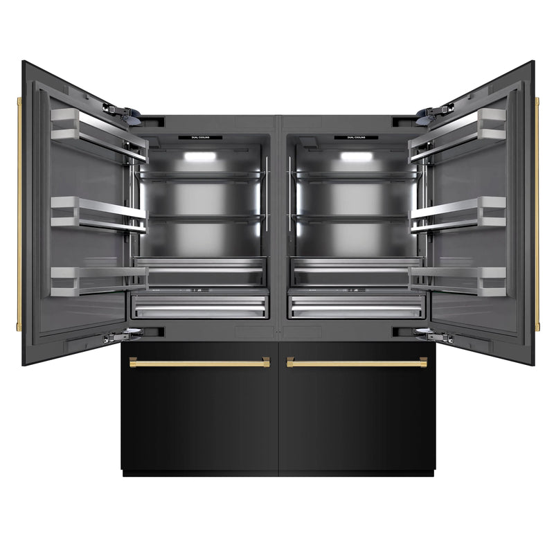 ZLINE Autograph Edition 72-Inch 39.6 cu. ft. French Door Built-In Bottom Freezer Refrigerator with Water Dispensers and Ice Makers in Black Stainless Steel with Graphite Gray Interior and Polished Gold Accents (GRBITZ-BS-72-G)