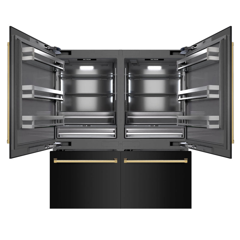 ZLINE Autograph Edition 72-Inch 39.6 cu. ft. French Door Built-In Bottom Freezer Refrigerator with Water Dispensers and Ice Makers in Black Stainless Steel with Graphite Gray Interior and Polished Gold Accents (GRBITZ-BS-72-G)