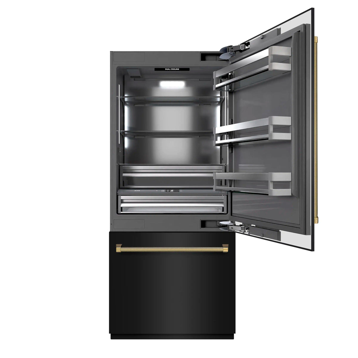 Black built-in refrigerator with door open, gray interior shelves and gold handles