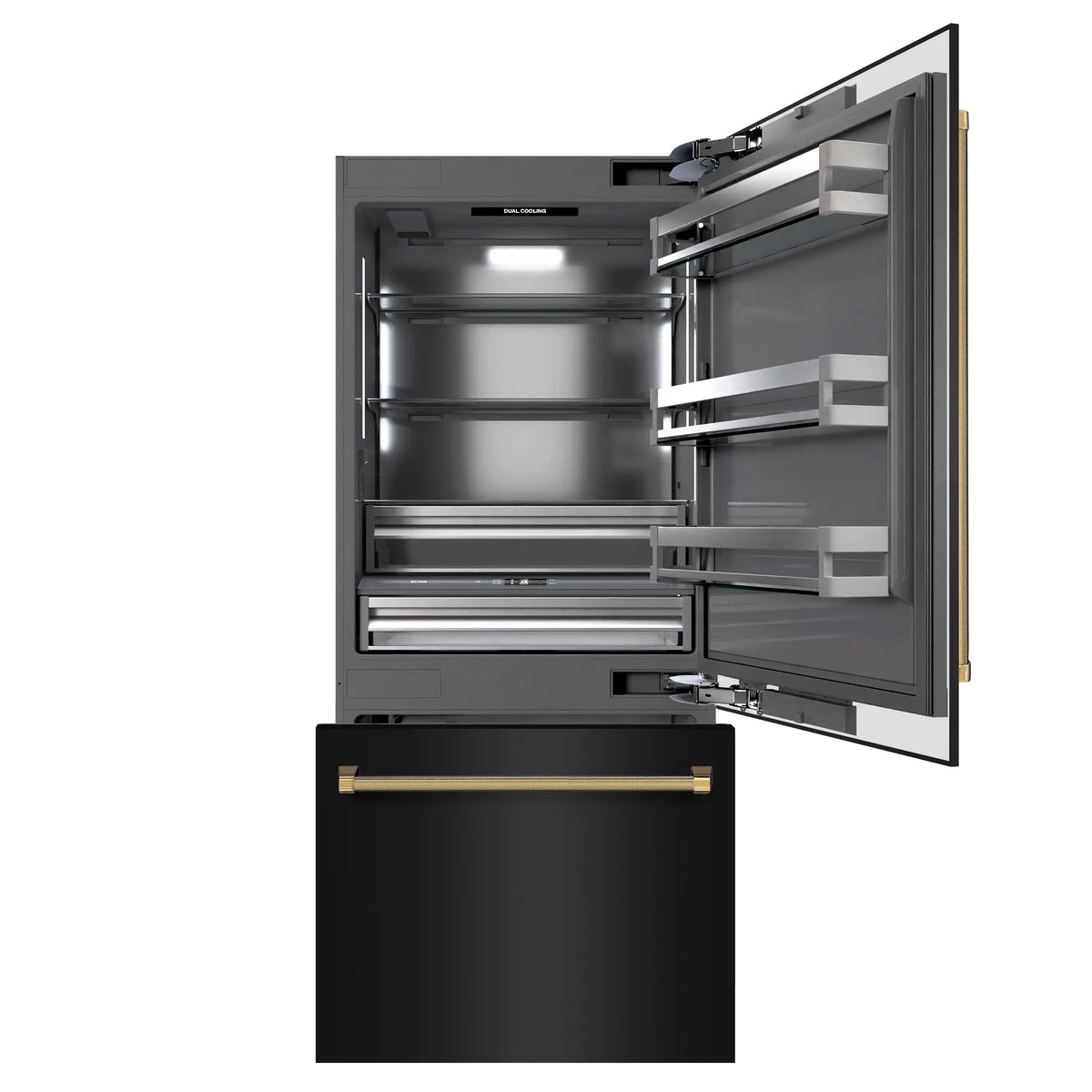 Black built-in refrigerator with open door, gray interior drawers and gold handle