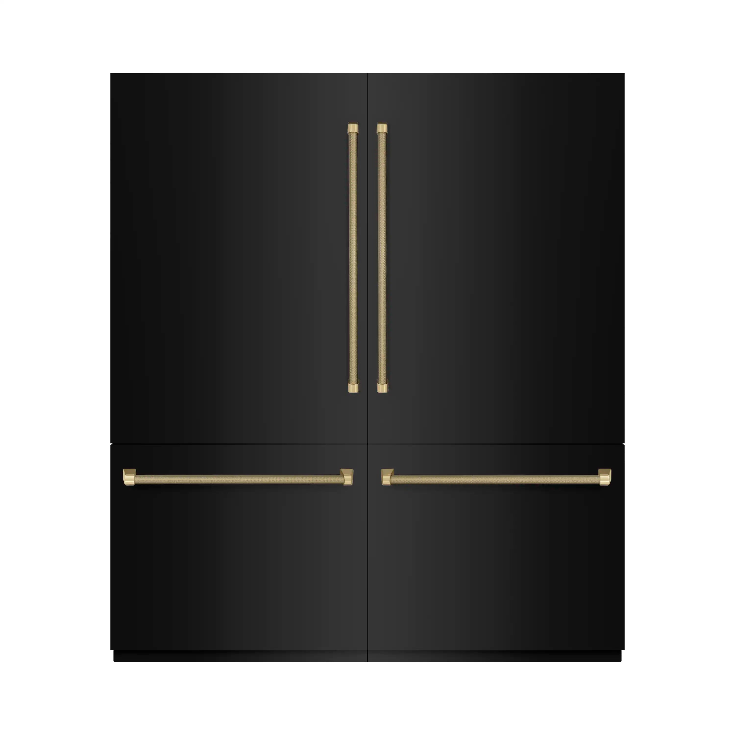 Black refrigerator with vertical and horizontal bronze helix-style handles