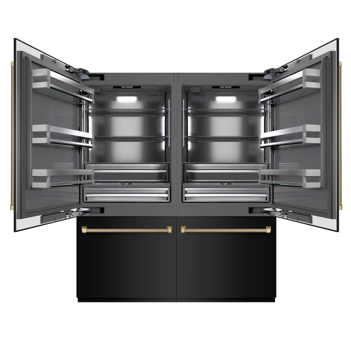 Open refrigerator with gray interior shelves, drawers, and side door compartments