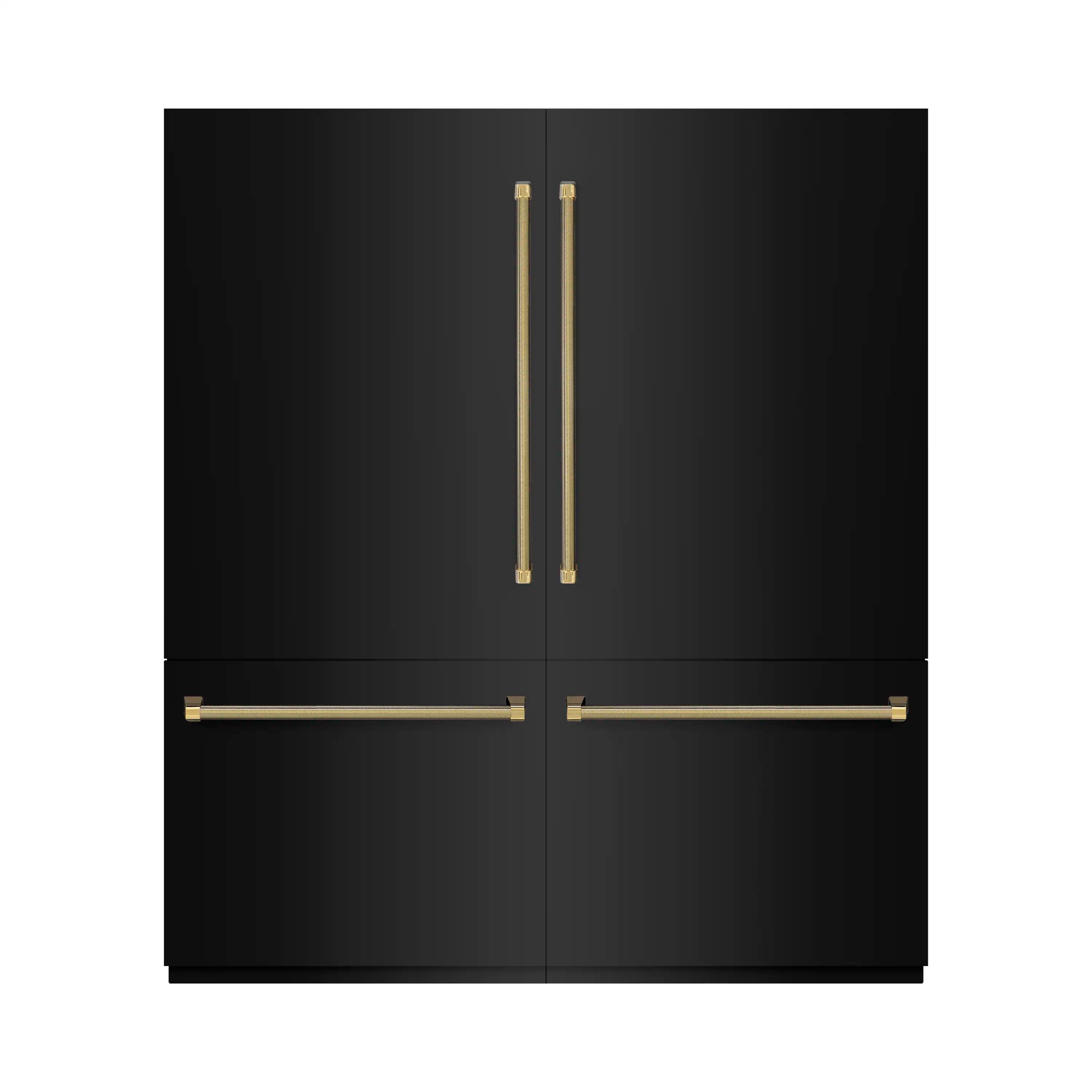 Black built-in refrigerator with gold bar handles