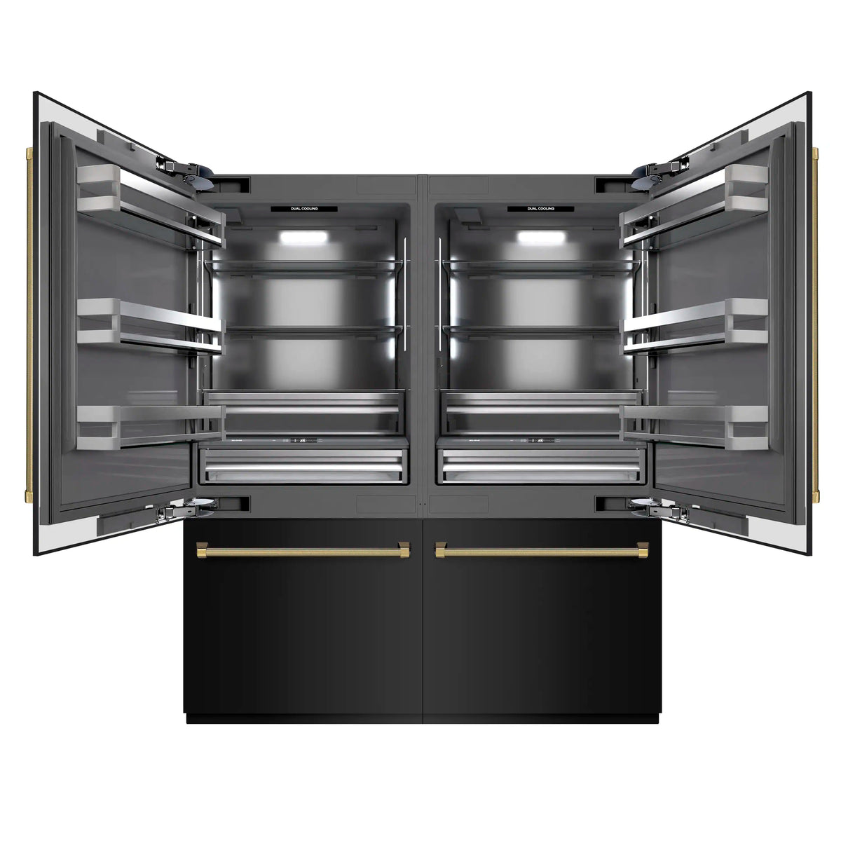 Built-in refrigerator with both doors open, showing gray interior shelves