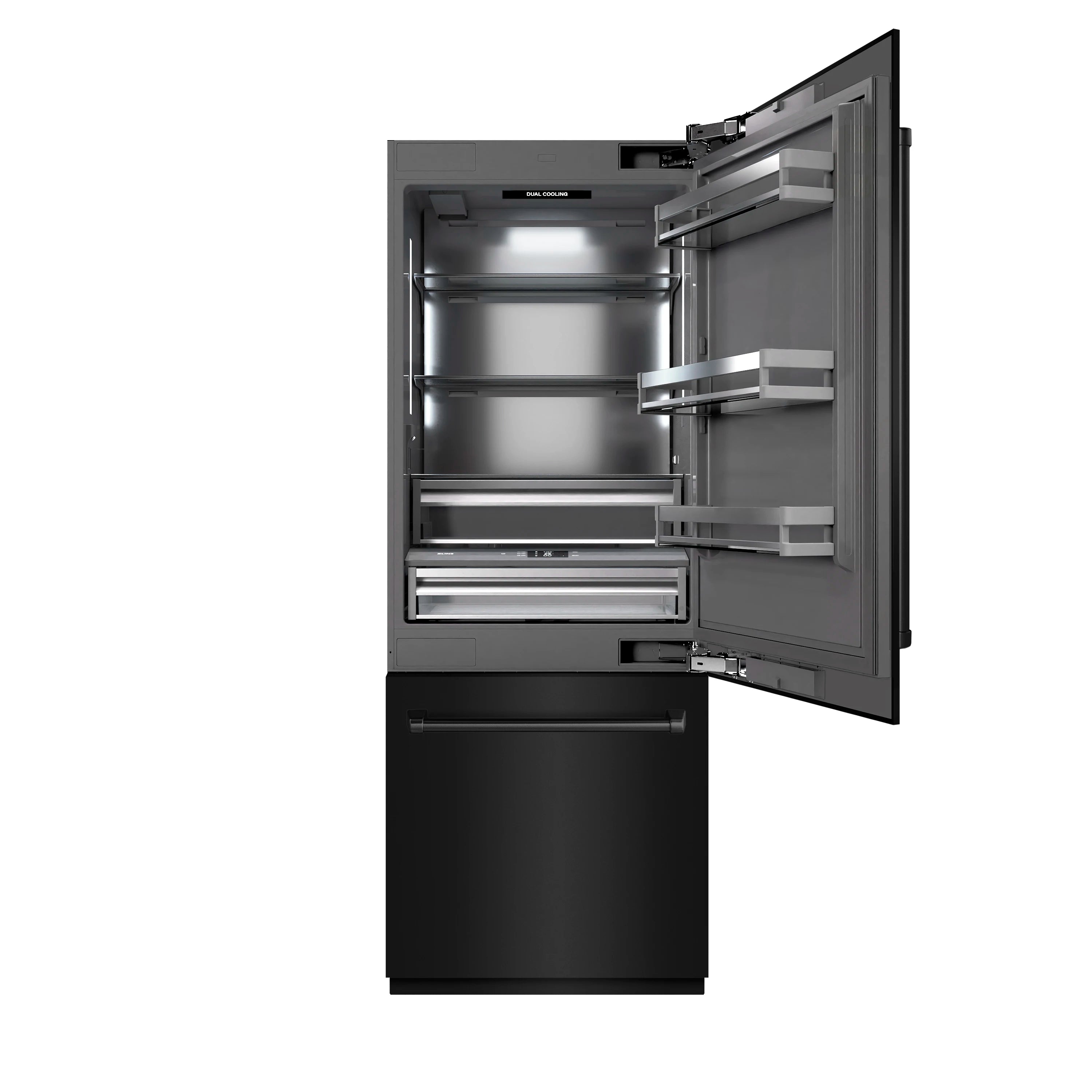 Black stainless built-in refrigerator with open doors and slide-out freezer drawer