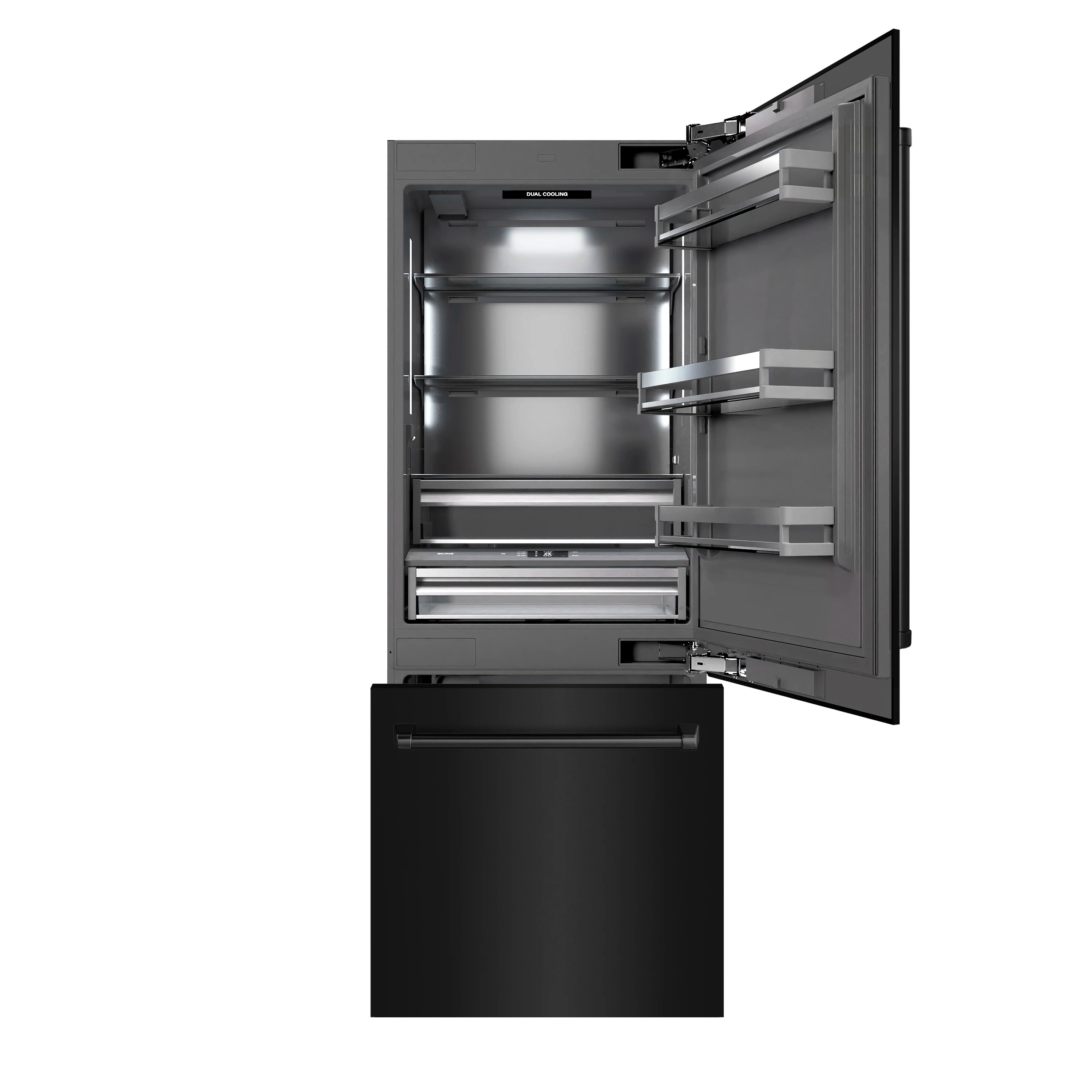 Built-in refrigerator with open door and interior shelves plus bottom freezer drawer