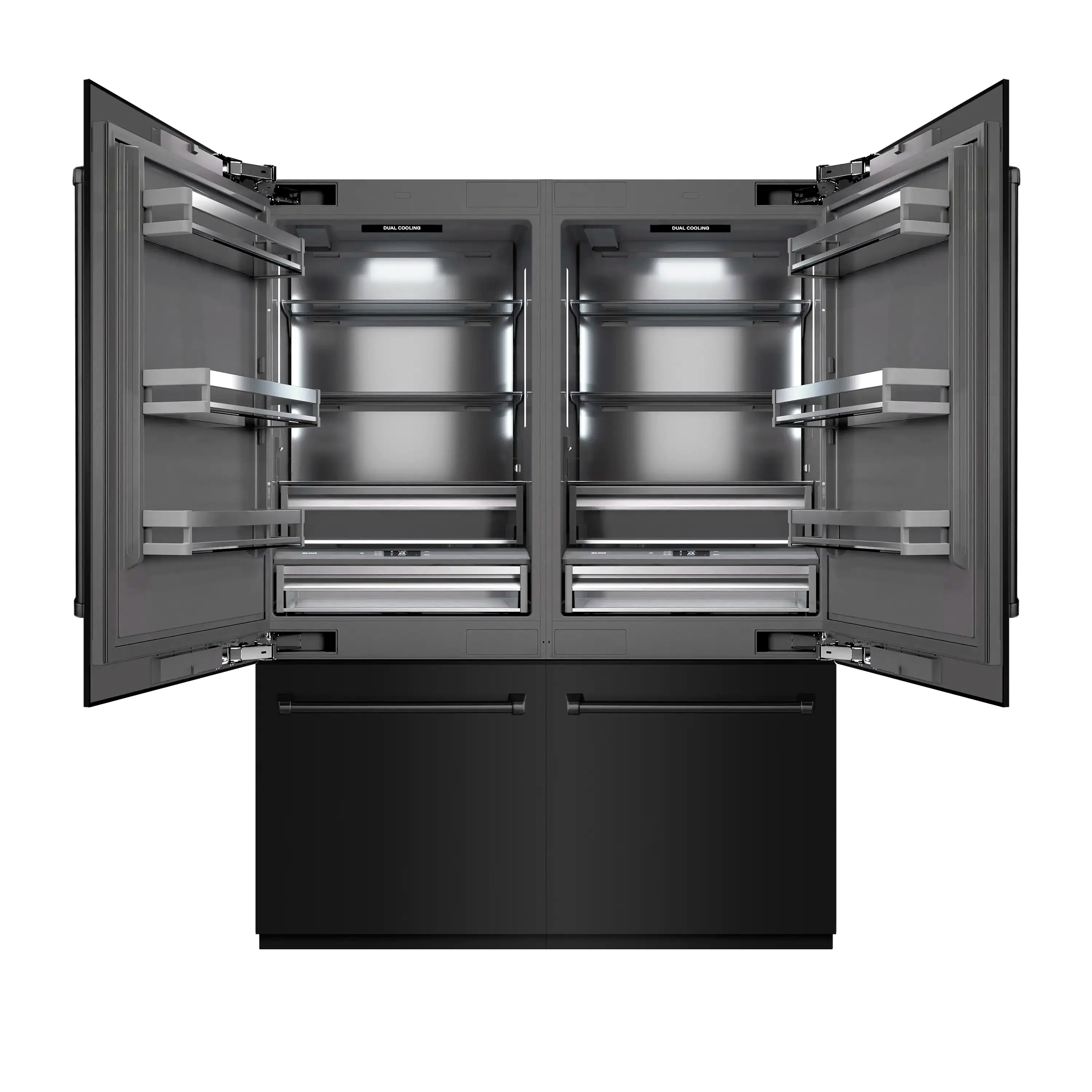 Bottom freezer refrigerator with French doors open, graphite-gray interior shelves visible