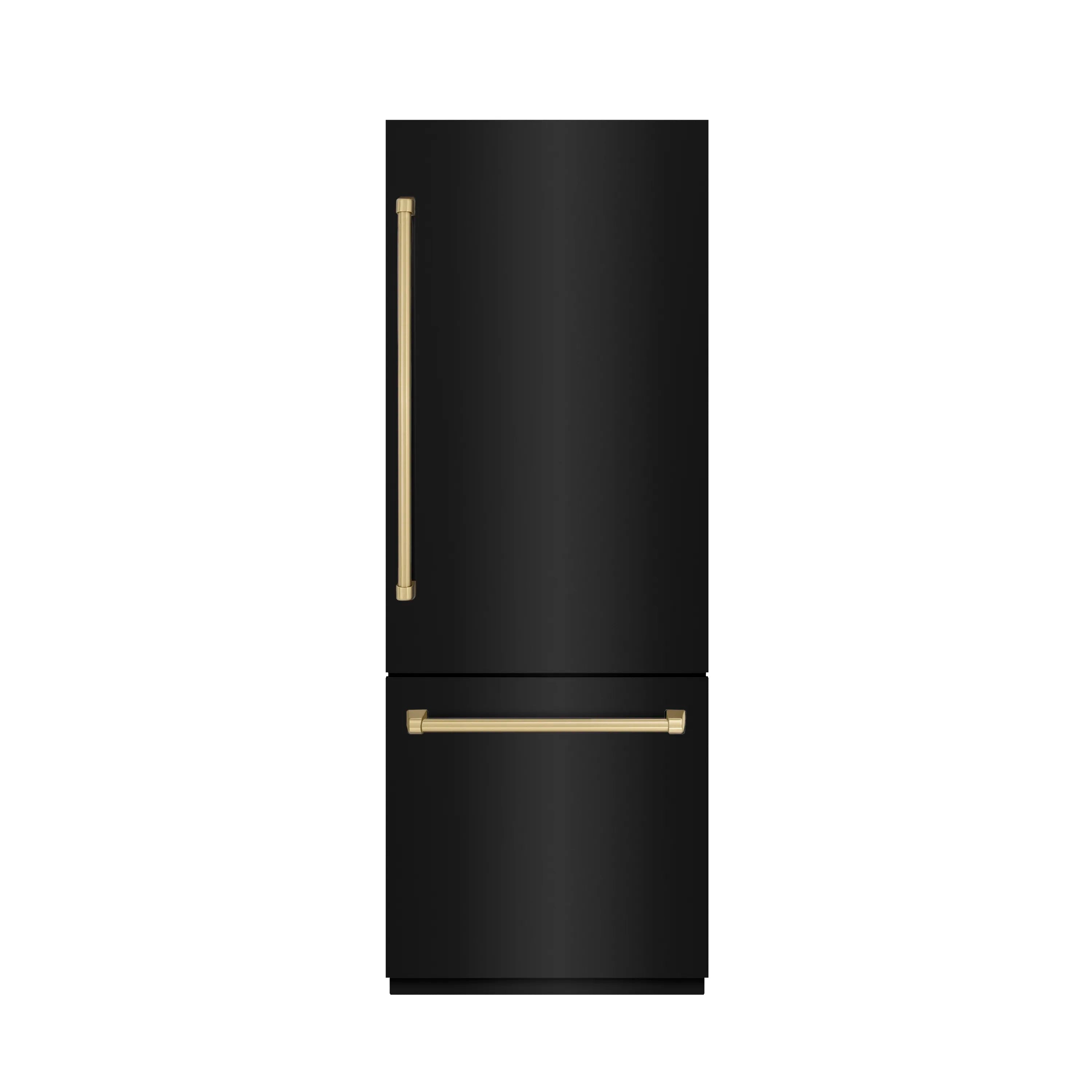 Black stainless bottom freezer refrigerator with champagne bronze door and drawer handles