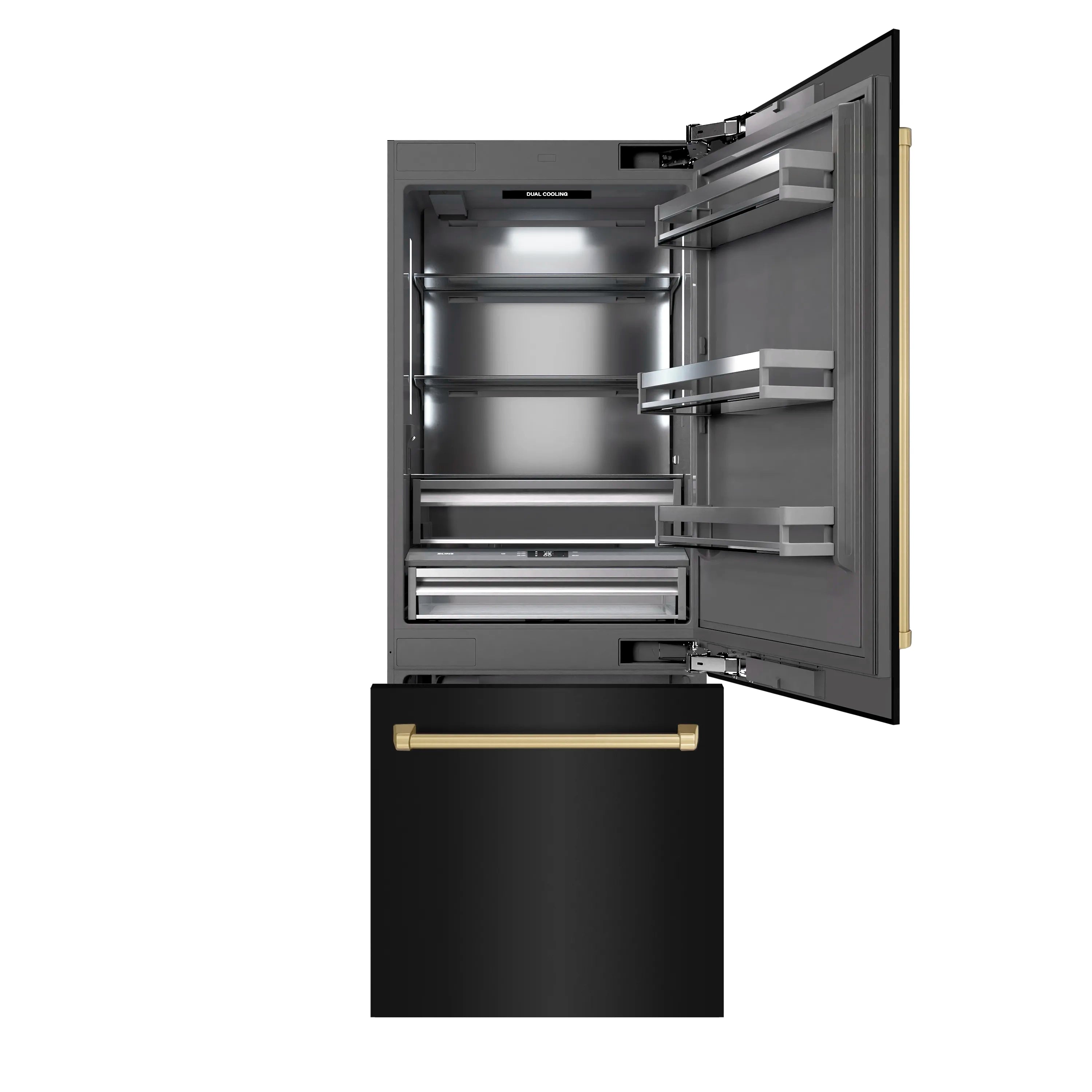 Bottom freezer refrigerator with open door and drawer, showing black stainless and interior shelves