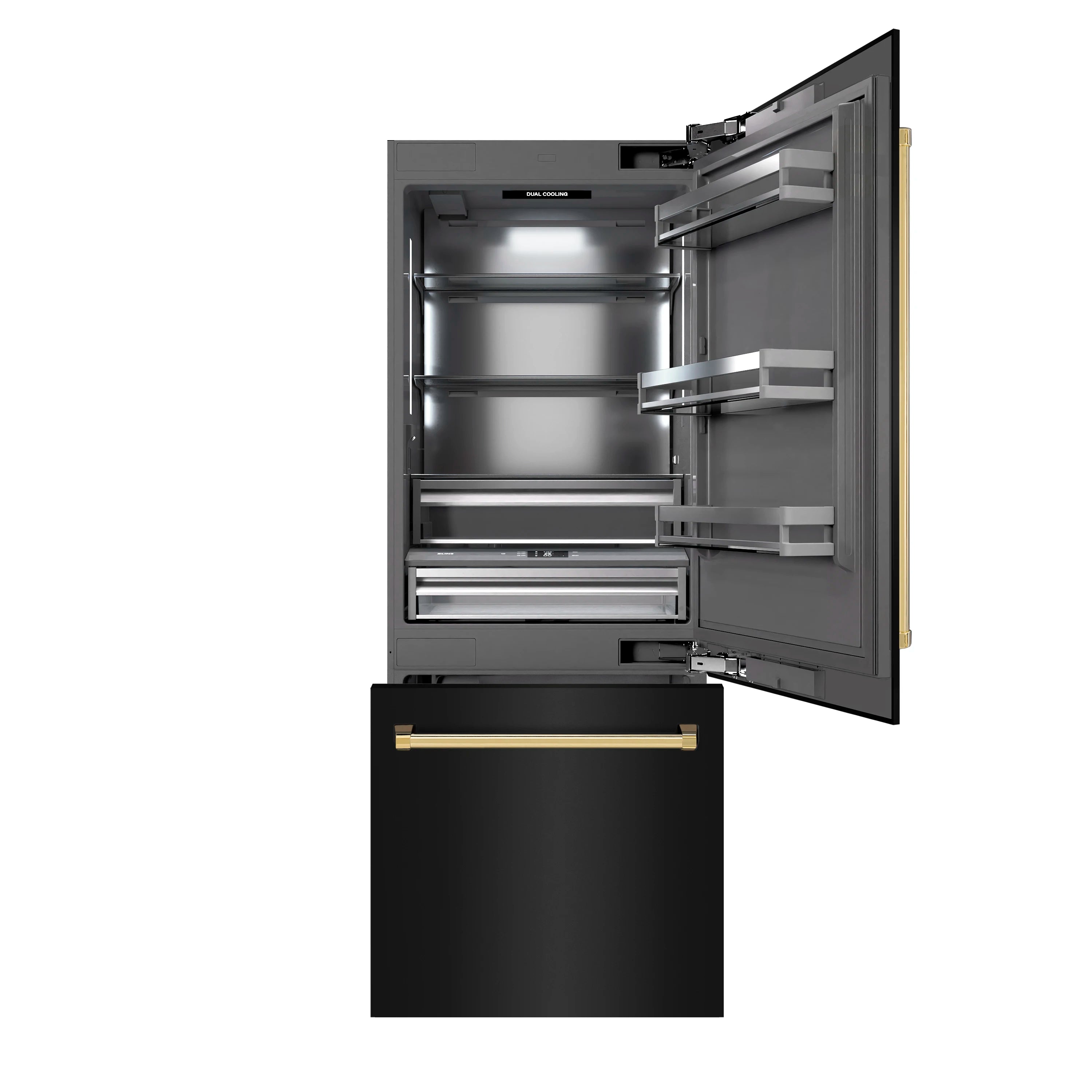 Open black refrigerator with interior shelves and gold freezer handle