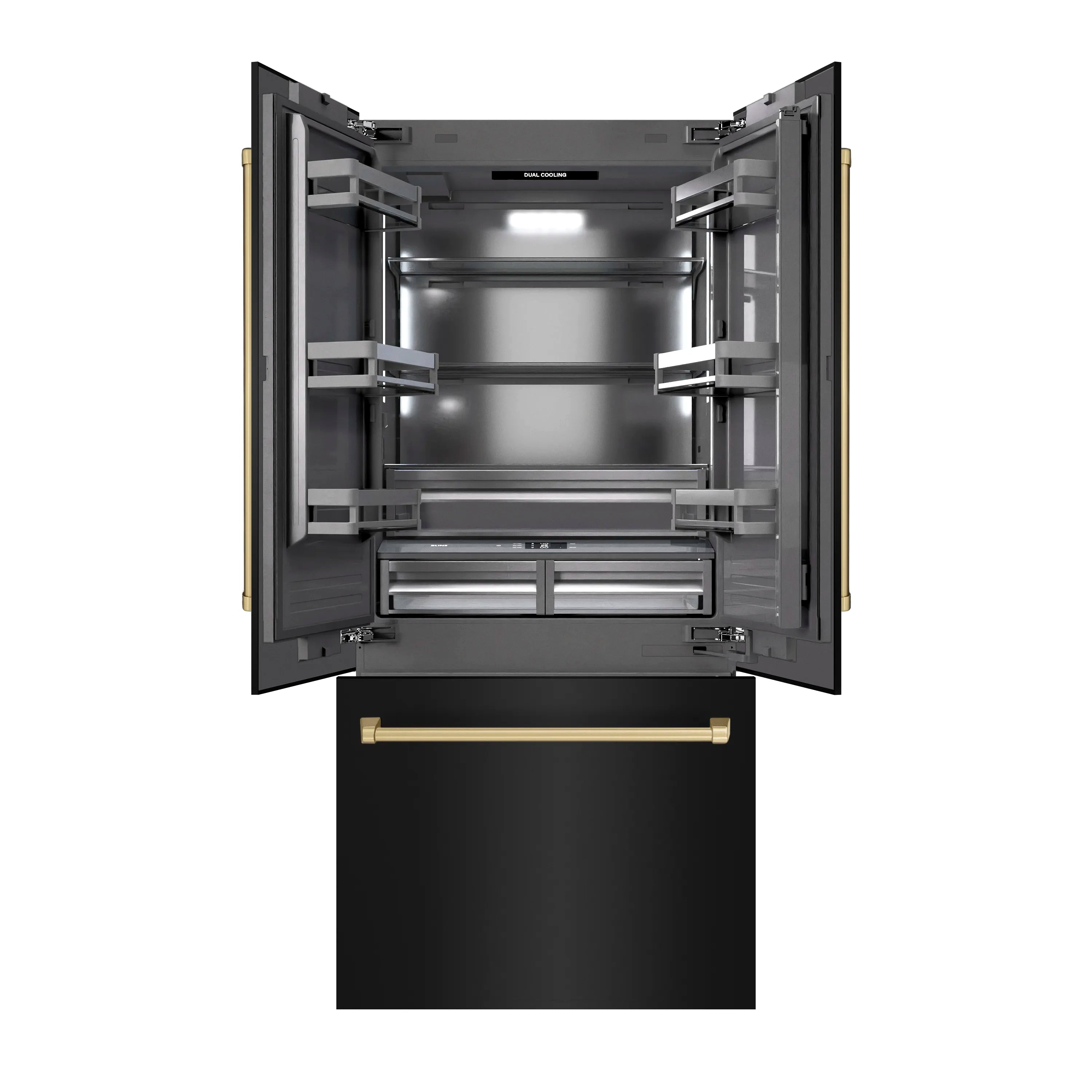 Black refrigerator interior view with adjustable racks, shelves, and champagne bronze handle