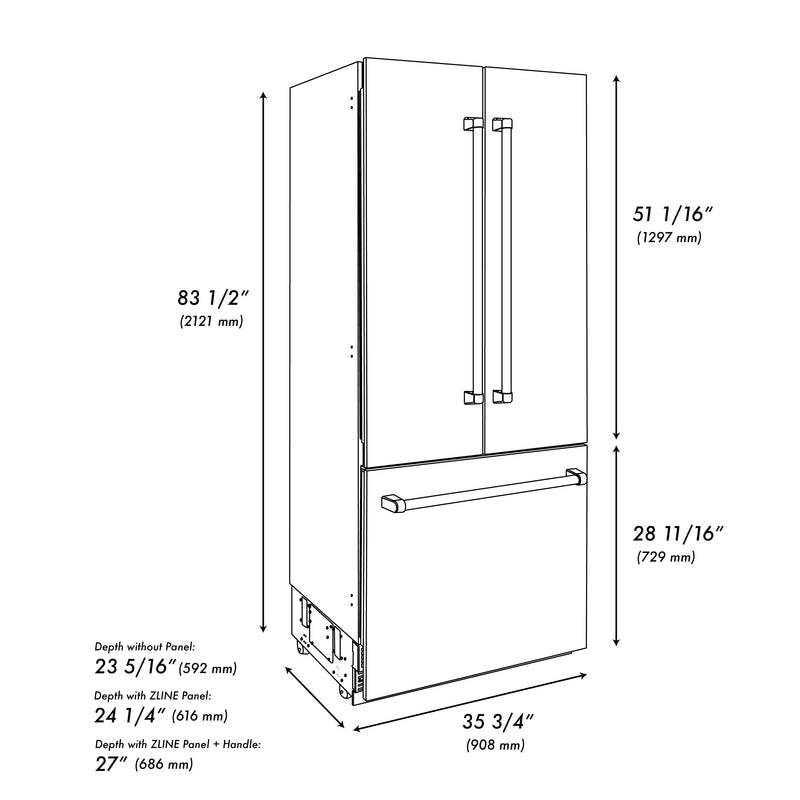 ZLINE Autograph Edition 36-Inch 19.6 Cu. Ft. French Door Built-In Bottom Freezer Refrigerator with Water Dispenser and Ice Maker in Black Stainless Steel with Graphite Gray Interior and Polished Gold Accents (GRBIVZ-BS-36-G)