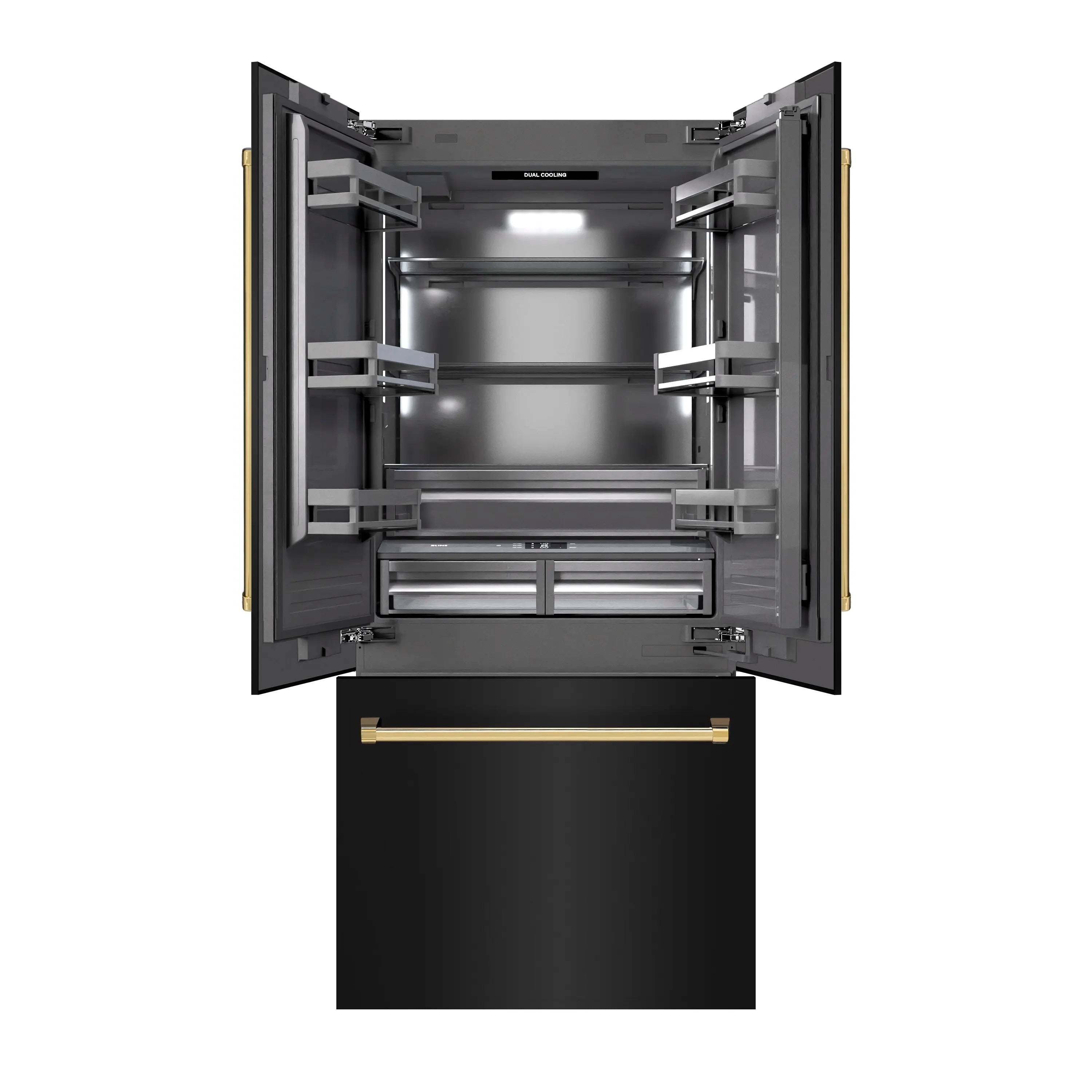 Opened bottom freezer section with slide-out drawer and interior shelves
