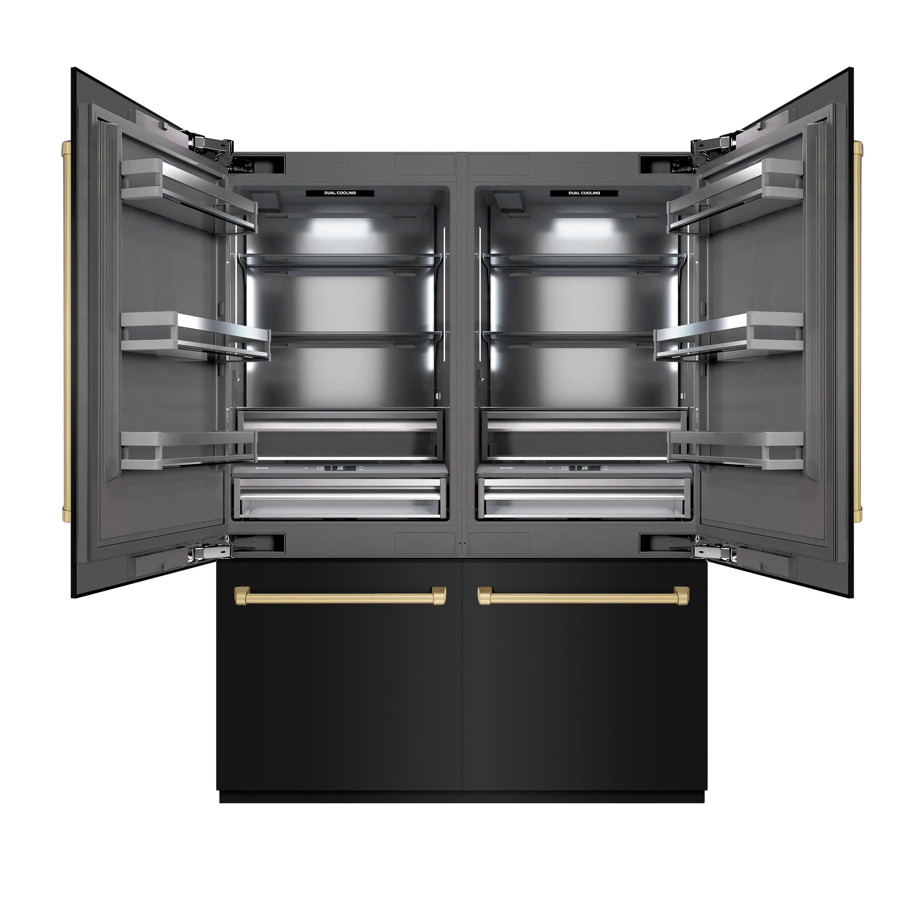 French door refrigerator with open doors showing gray interior shelves and storage drawers