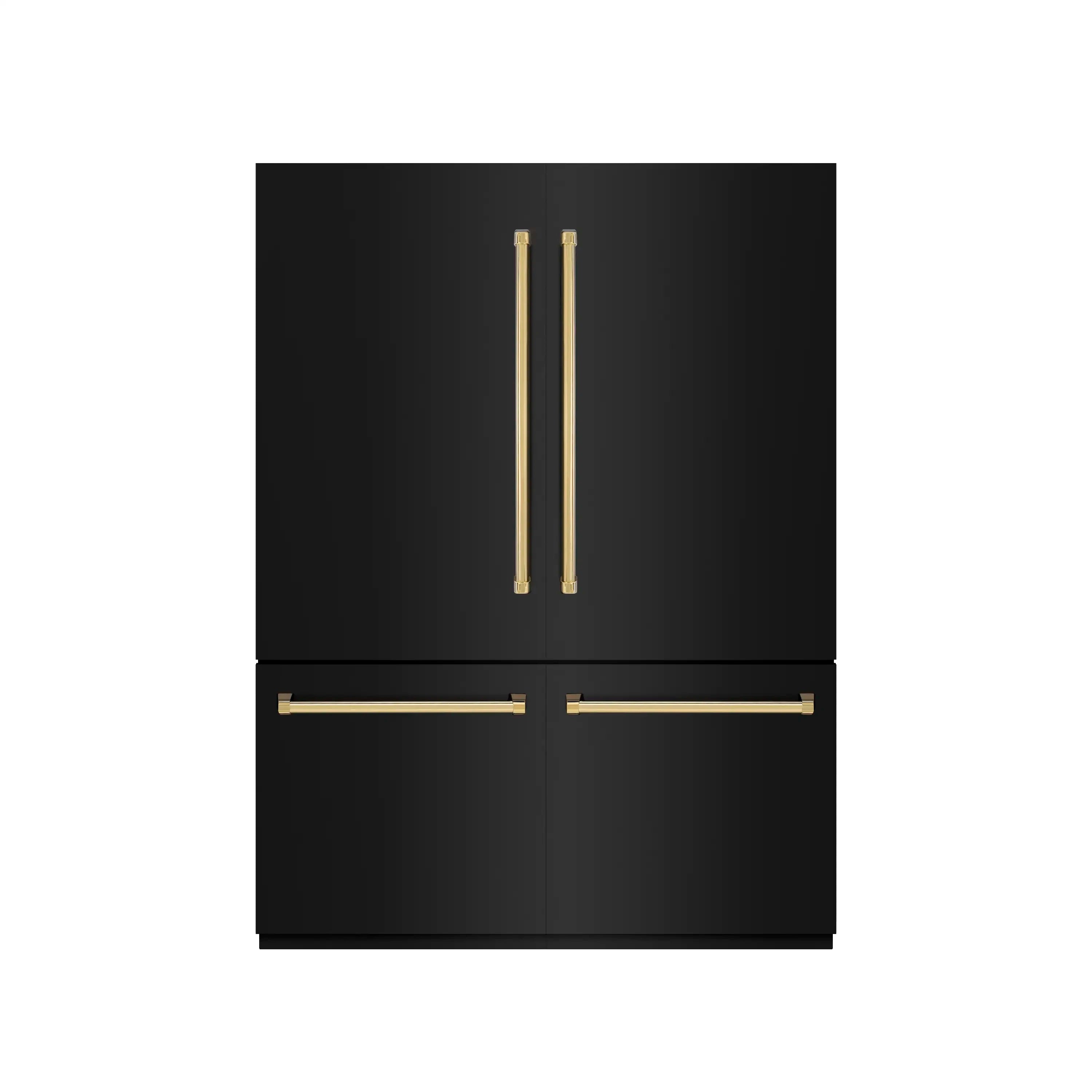 Black stainless double-door refrigerator with polished gold handles and vertical dispenser area