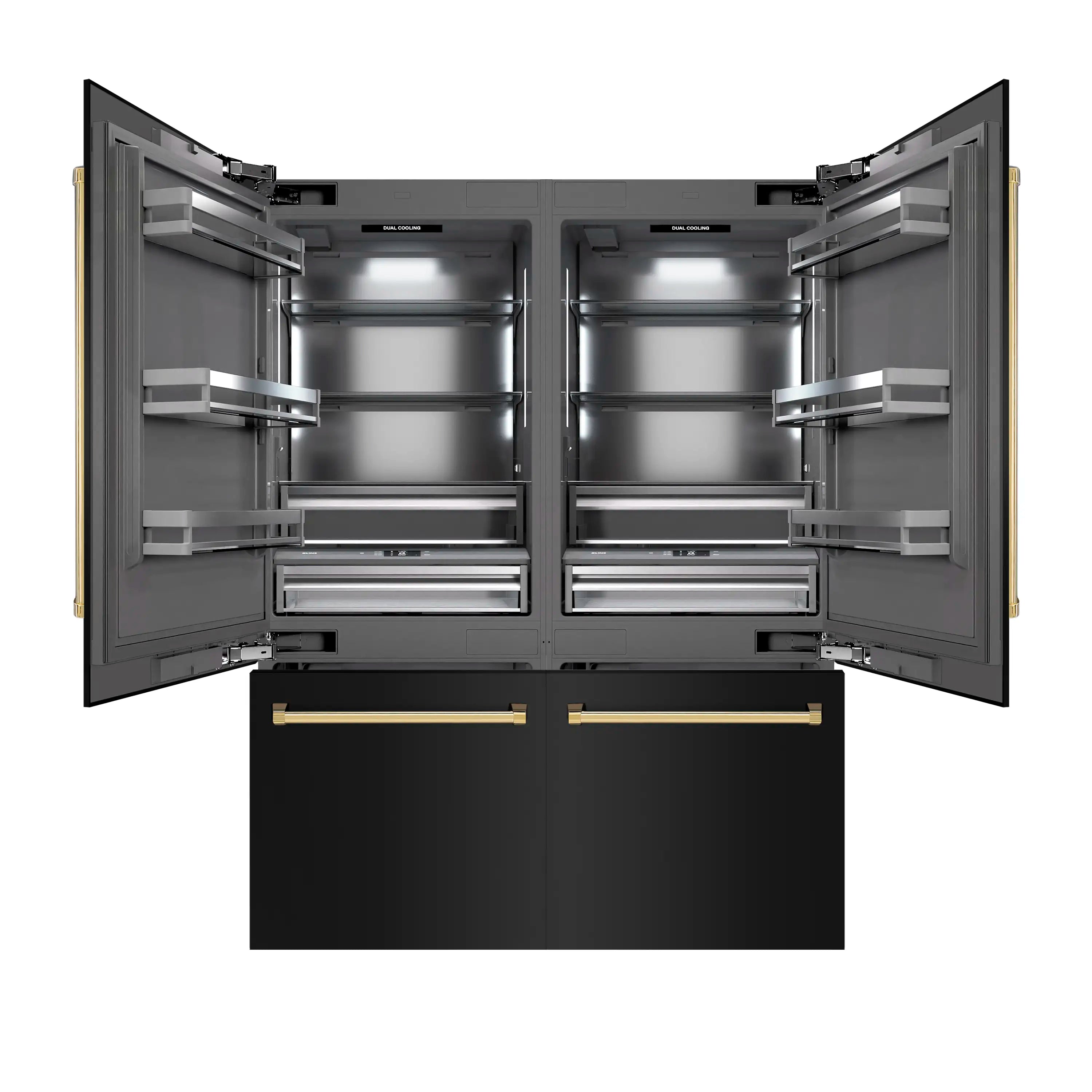 Black stainless French door refrigerator with open doors, drawers, and gold handle accents