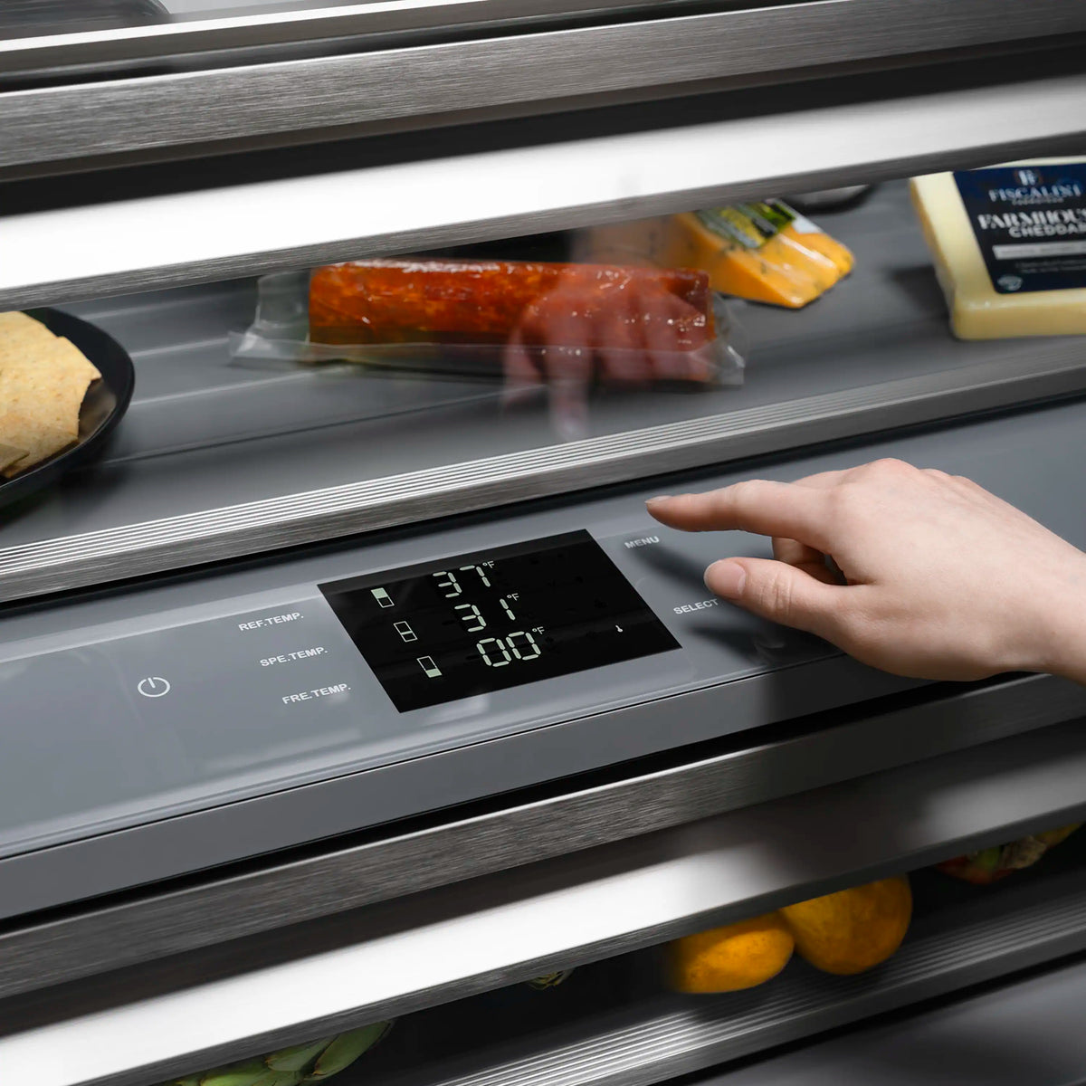 Built-in refrigerator control panel with digital display and hand pointing