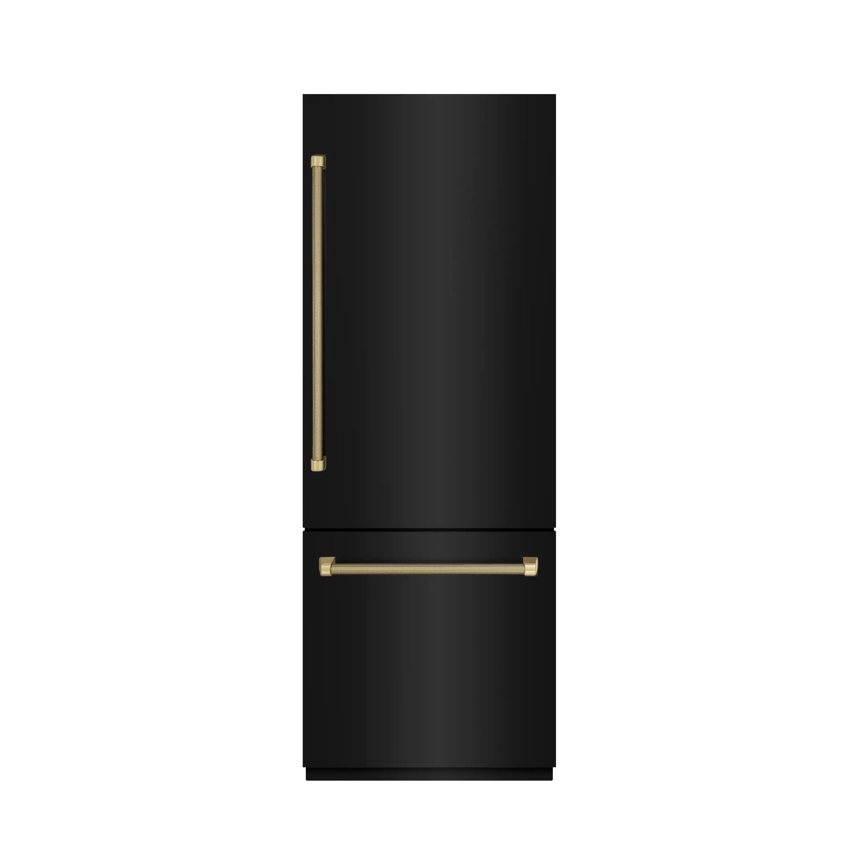 Black stainless built-in refrigerator with bronze helix-style handles