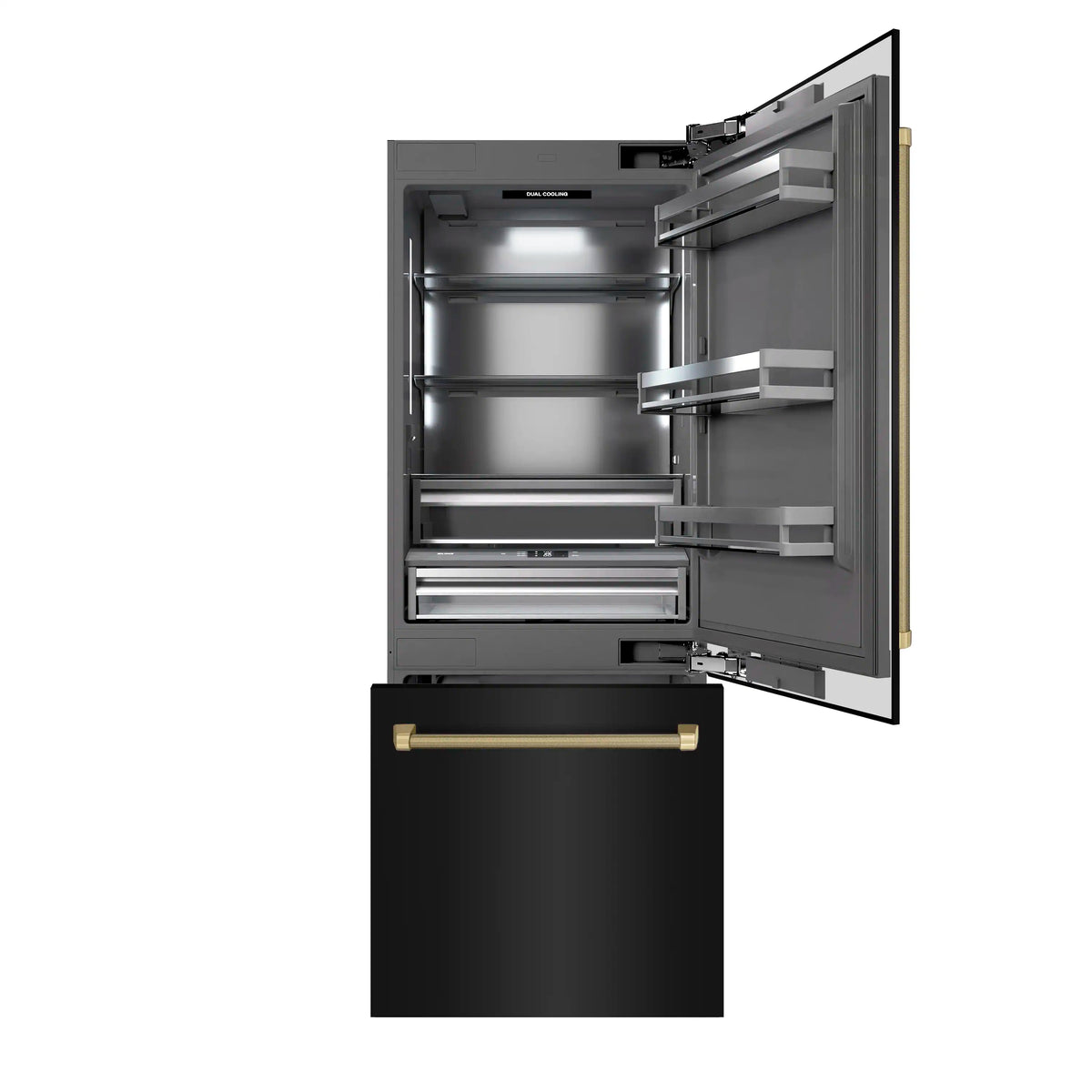 Open-door view of built-in refrigerator showing shelves, drawer, and bronze handle