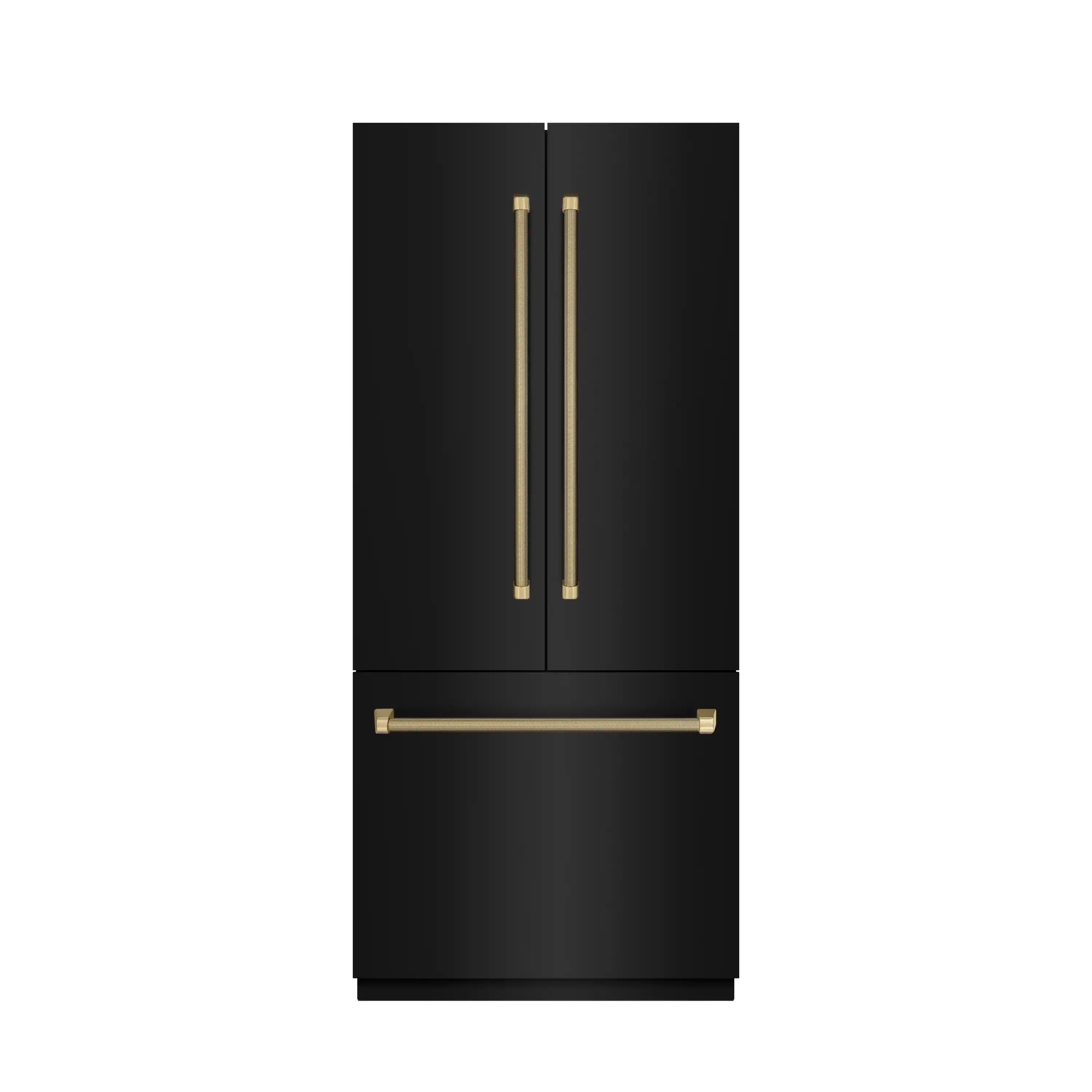 Black refrigerator doors with long bronze bar handles and single horizontal drawer handle