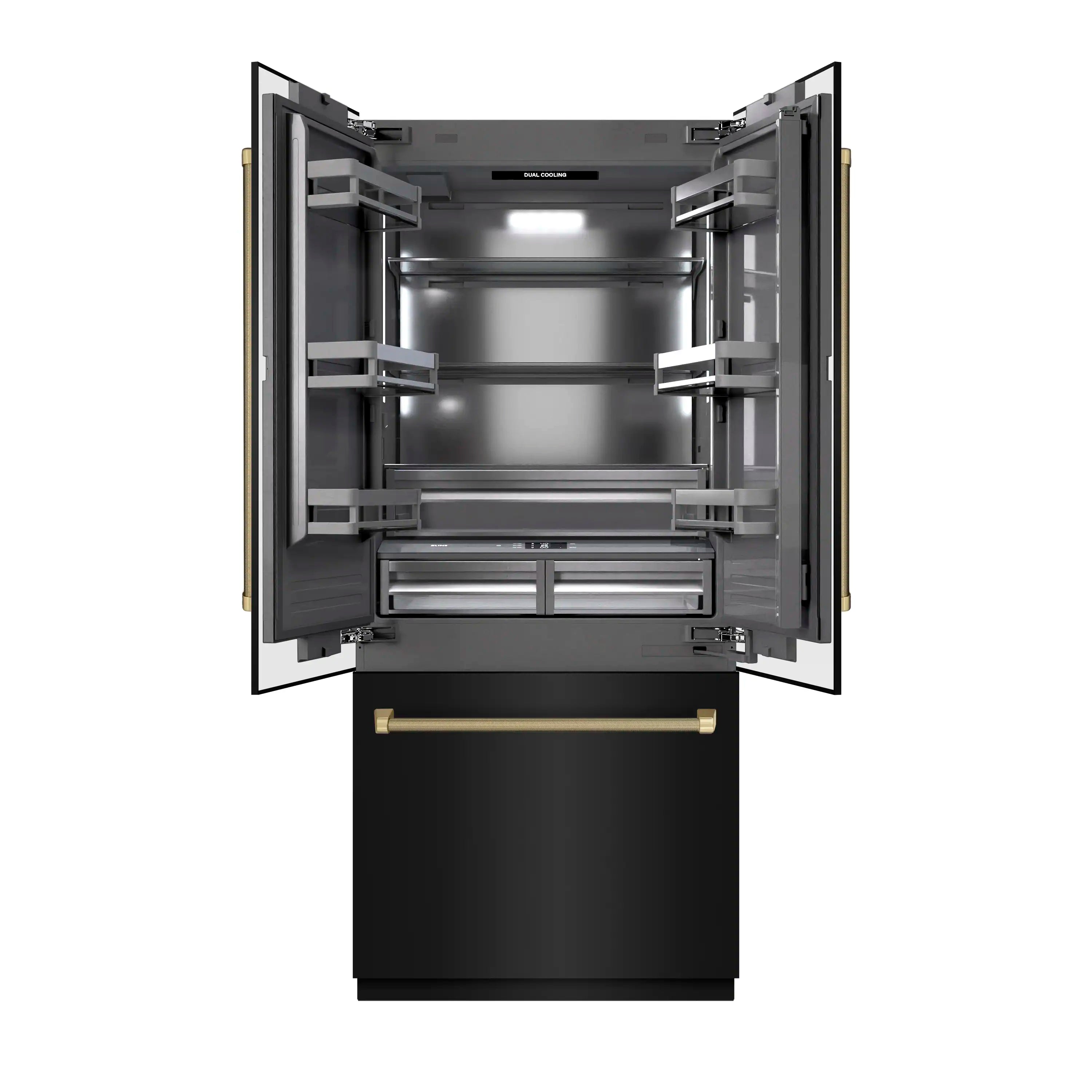 Open refrigerator with empty gray interior compartments, shelves, and drawers behind French doors
