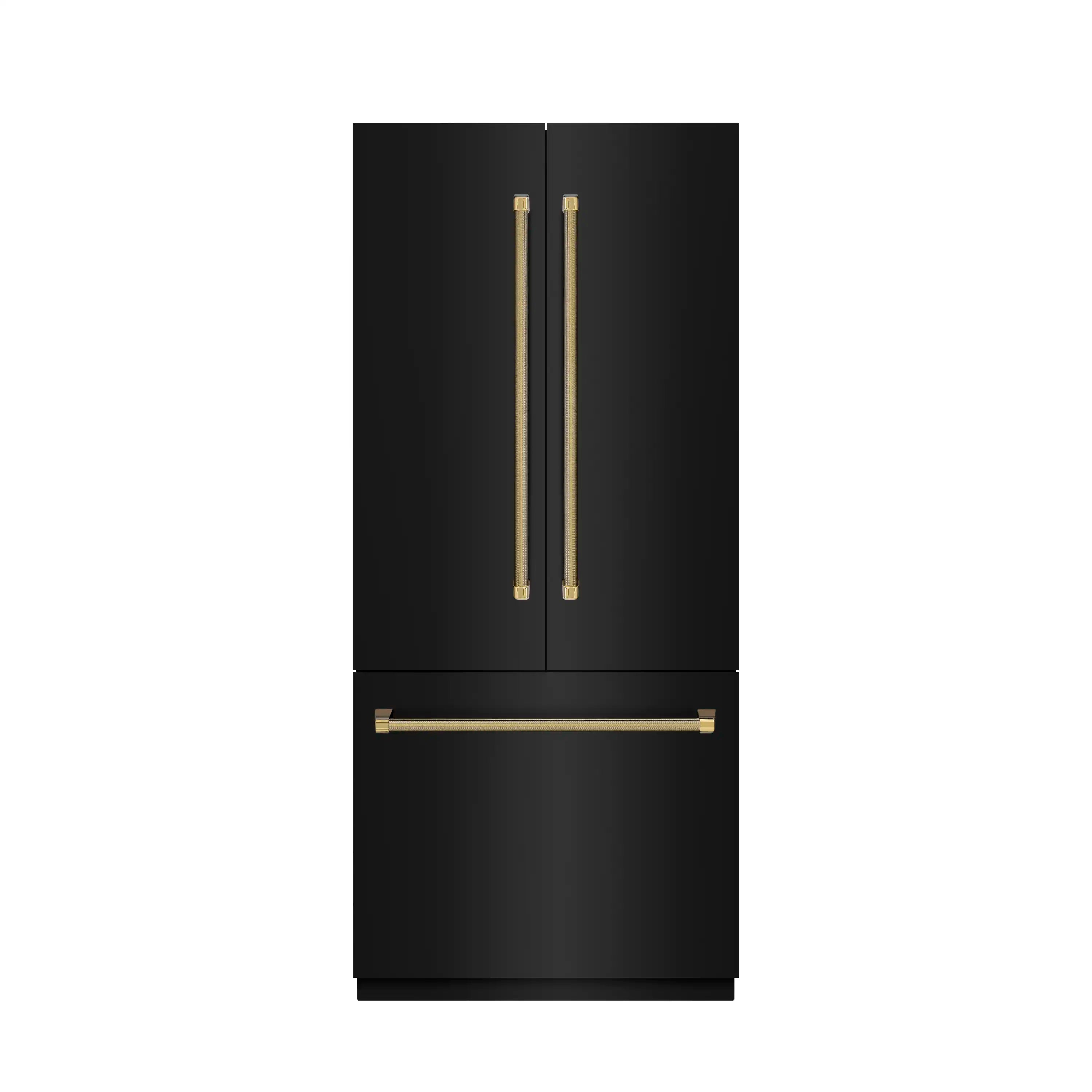 Black stainless French door refrigerator with gold helix bar handles