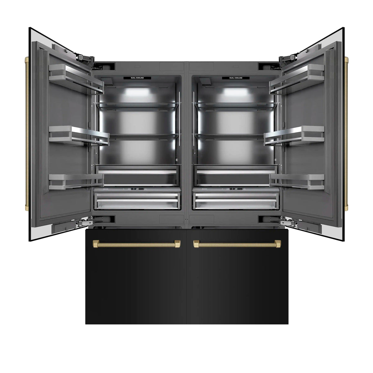 Refrigerator doors open to show gray shelves, drawers, and inner compartments