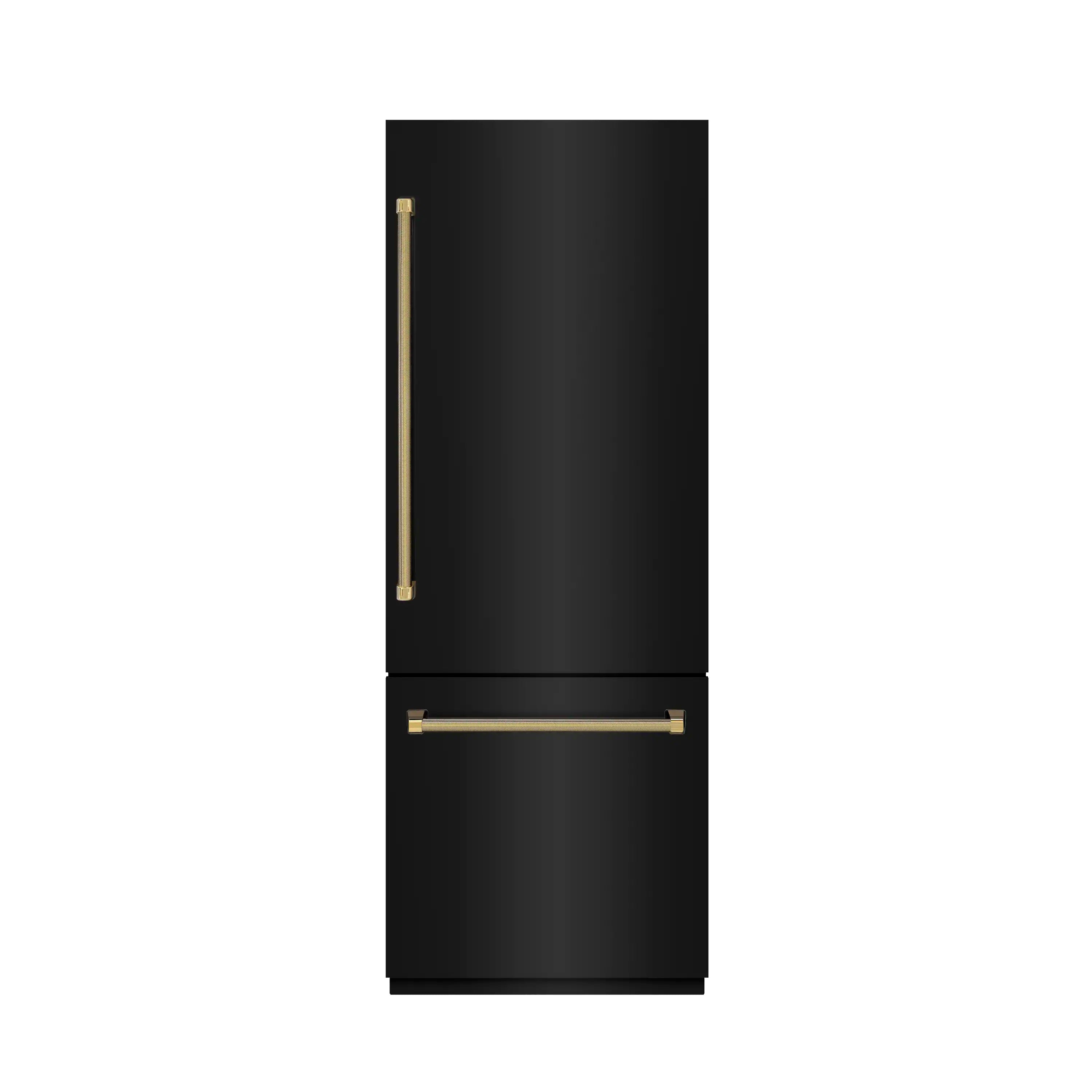 Black refrigerator door with gold bar handle and matching gold lower handle bar.