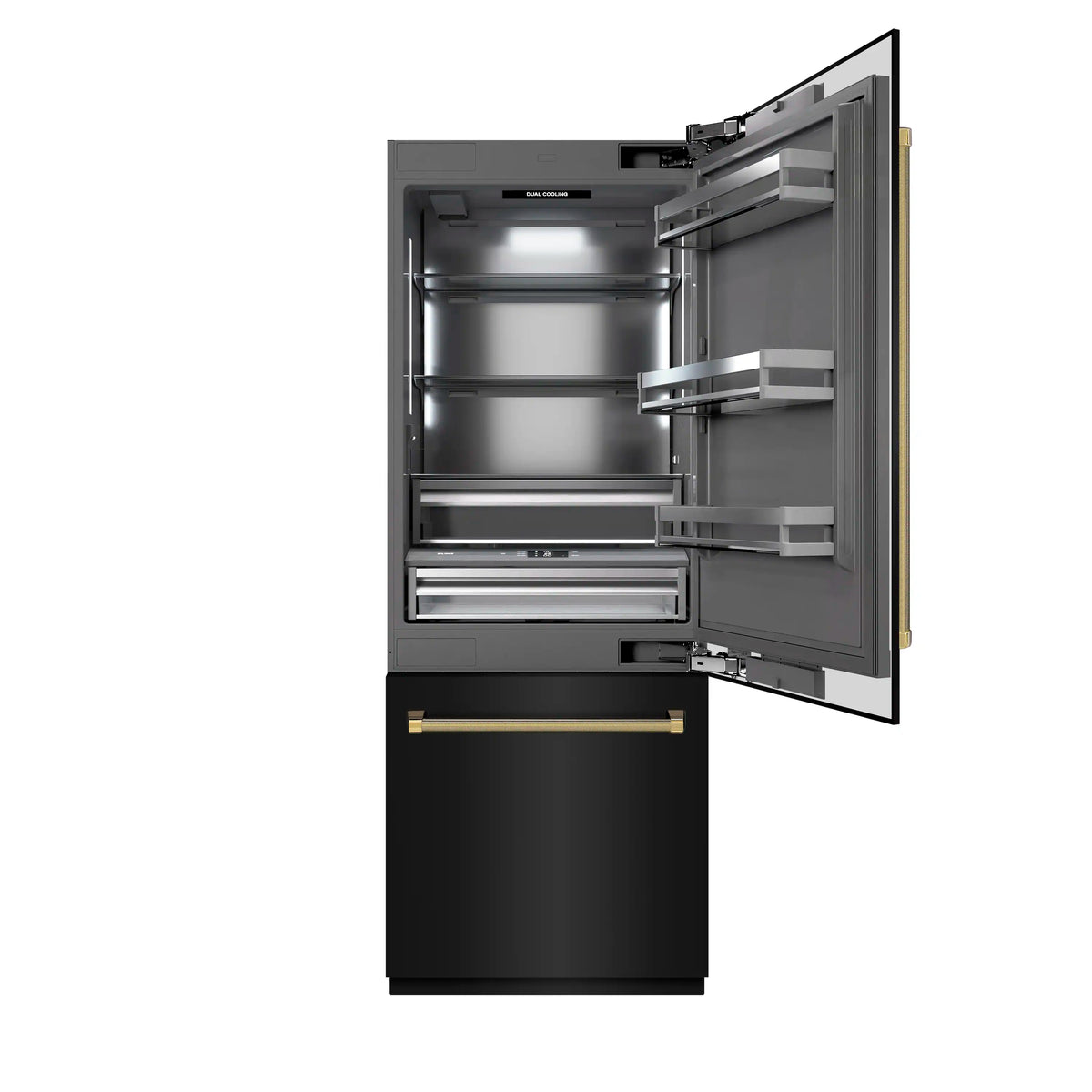 Open black built-in refrigerator showing gray interior shelves and drawers.