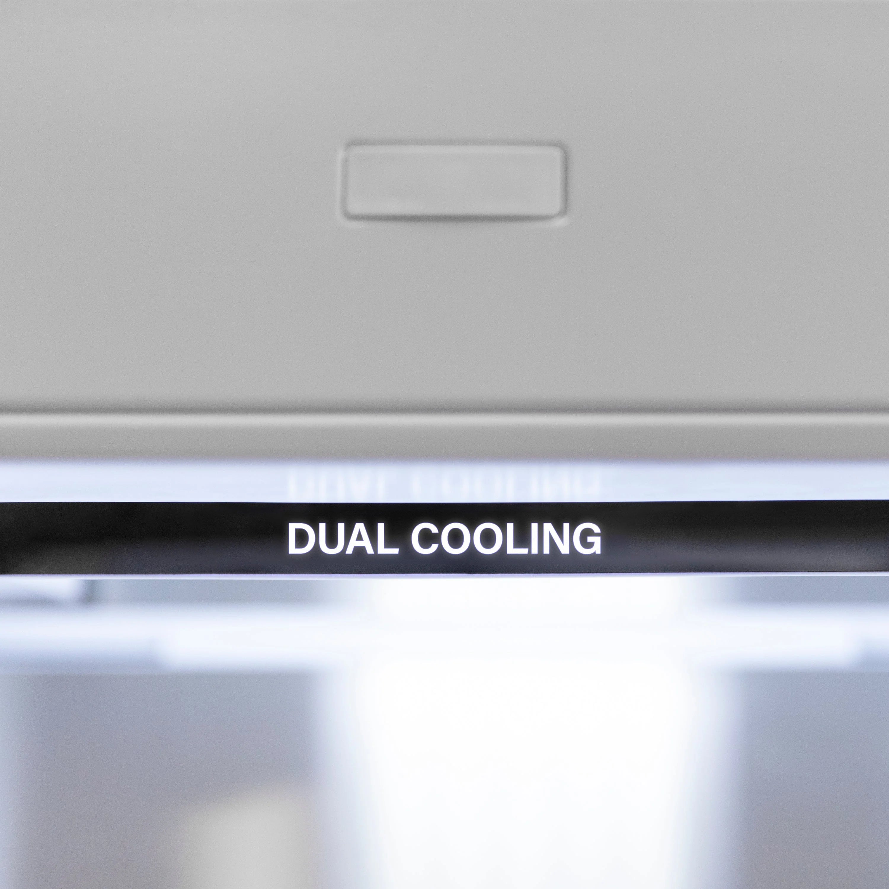 Refrigerator interior panel labeled “DUAL COOLING”