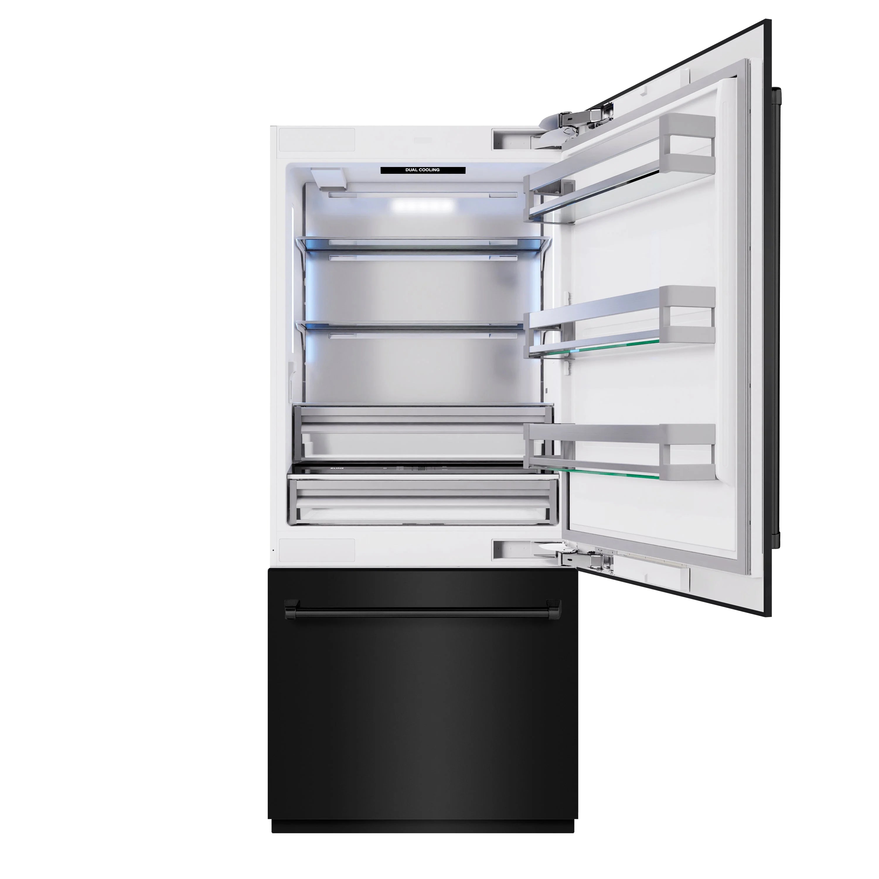 Built-in bottom freezer refrigerator, black stainless, open door with shelves and freezer drawer