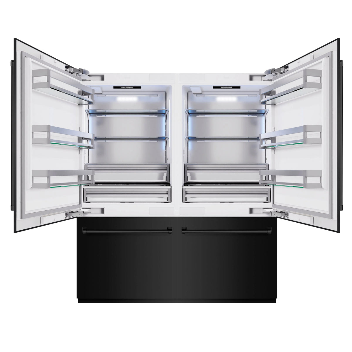 Black stainless refrigerator with French doors open, interior compartments and bottom freezer drawers