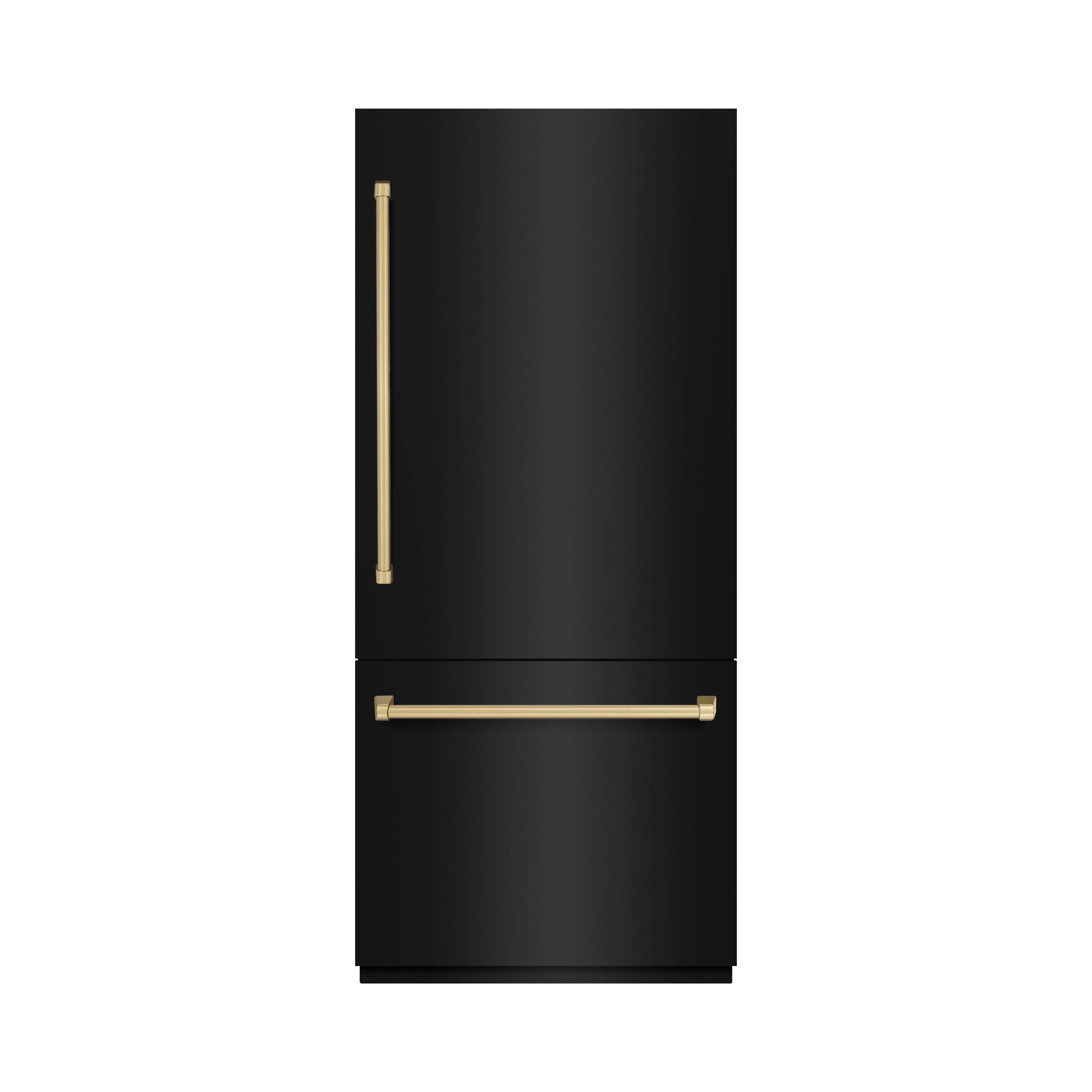 Black stainless bottom-freezer refrigerator with champagne-bronze bar handles