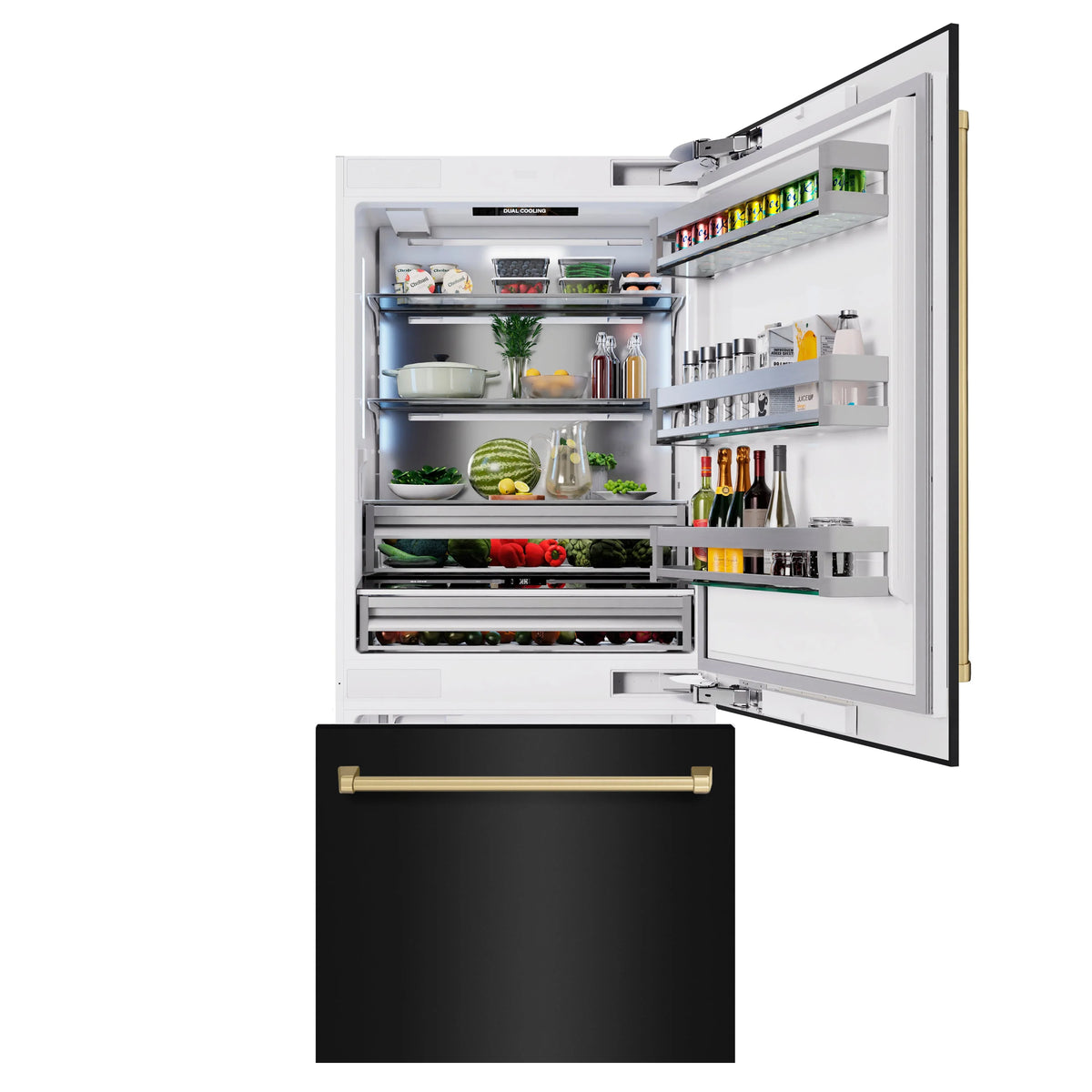 Built-in bottom freezer refrigerator interior with organized shelves and door bins