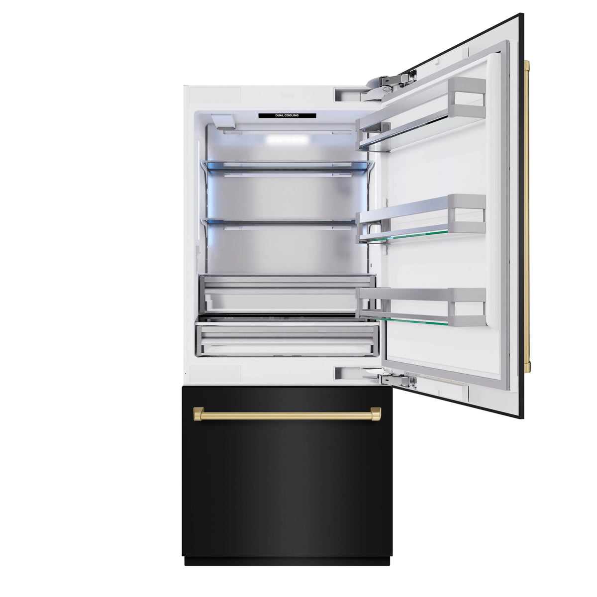 Built-in bottom freezer refrigerator with open door and freezer drawer plus shelves