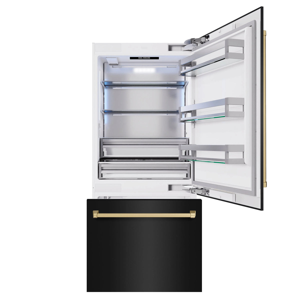 Built-in bottom freezer refrigerator with open door showing freezer baskets and shelves