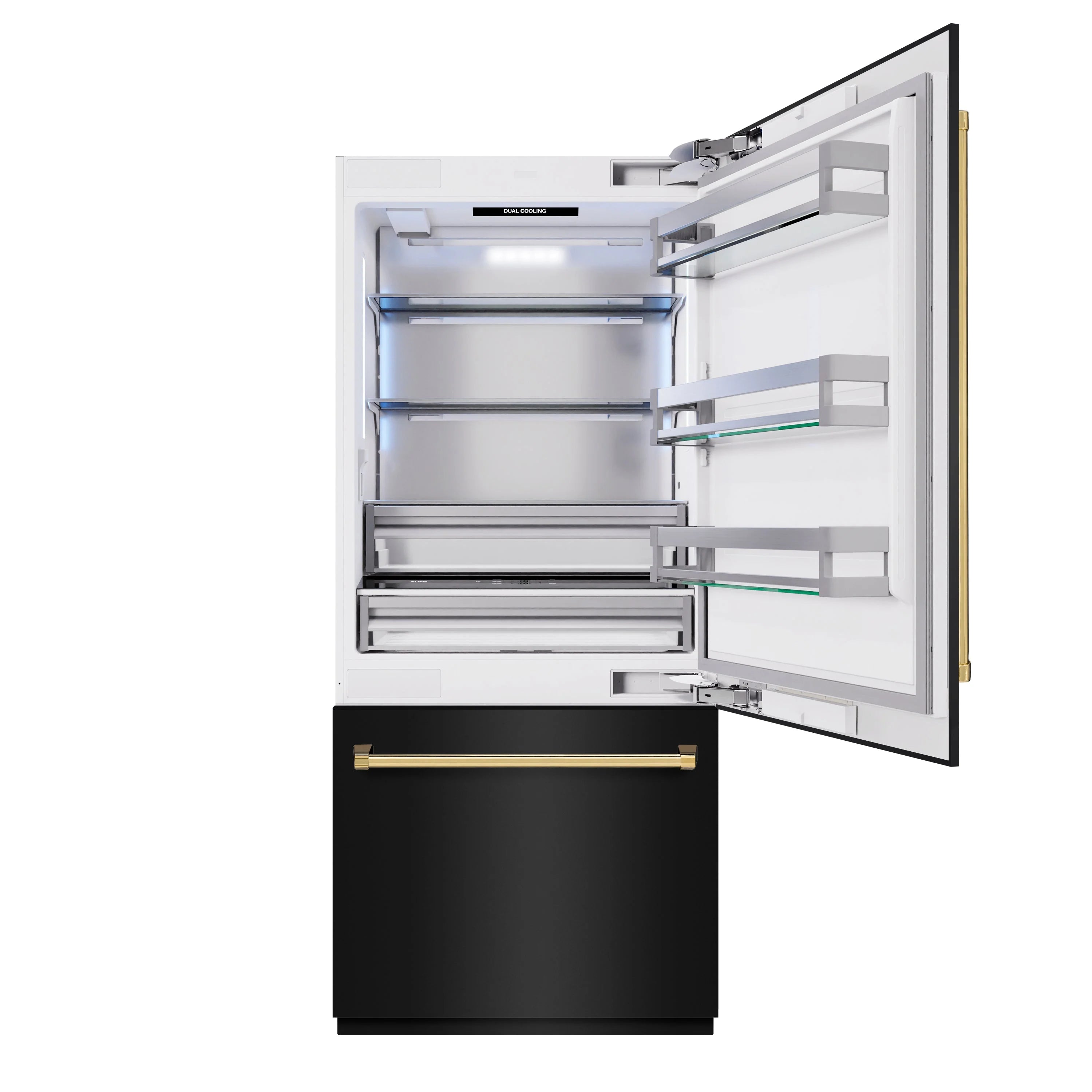 Open black stainless refrigerator door with gold bottom freezer handle and shelves