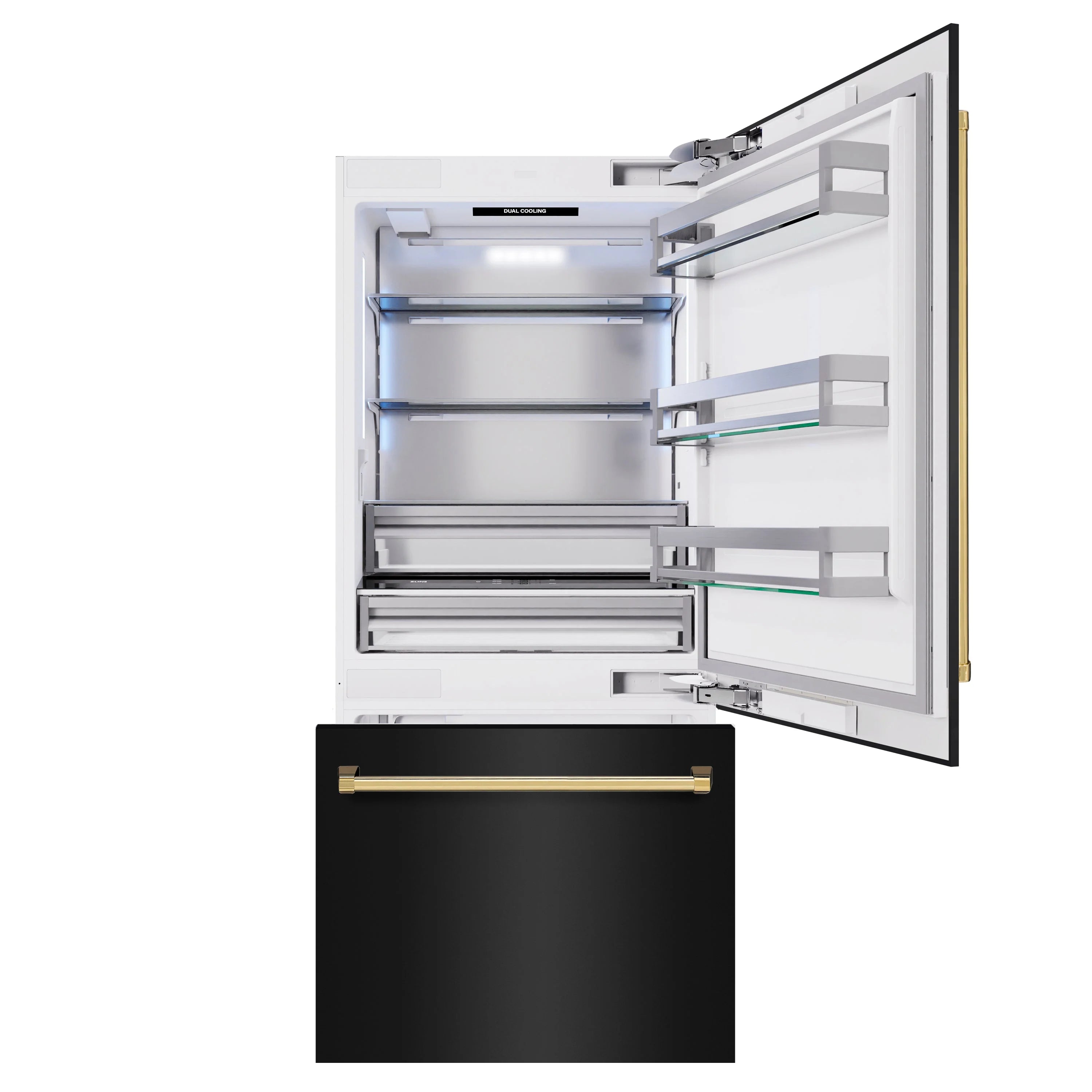 Built-in bottom freezer refrigerator with open door and shelving, black stainless and gold accents