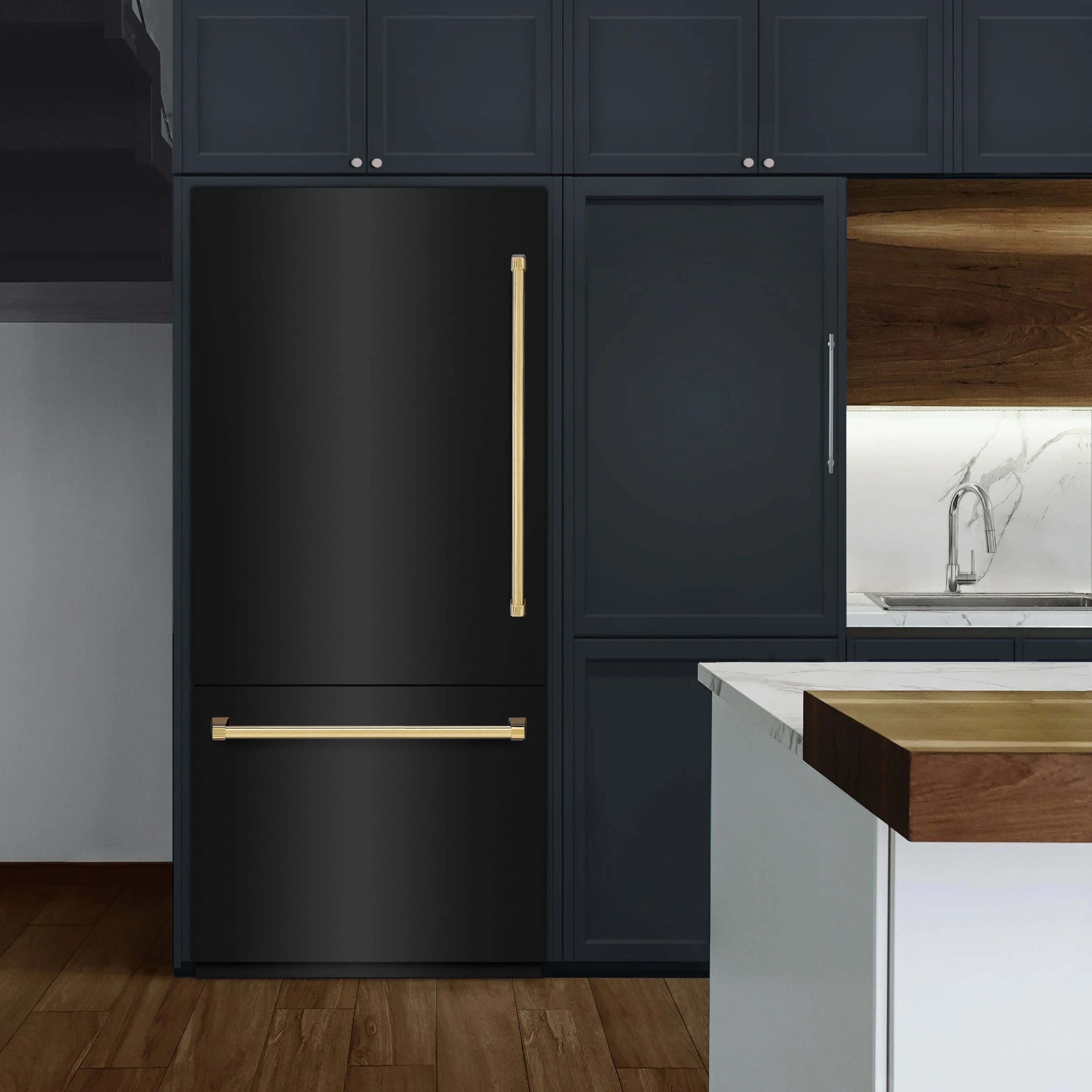 Black stainless built-in refrigerator with polished gold vertical and bar handles