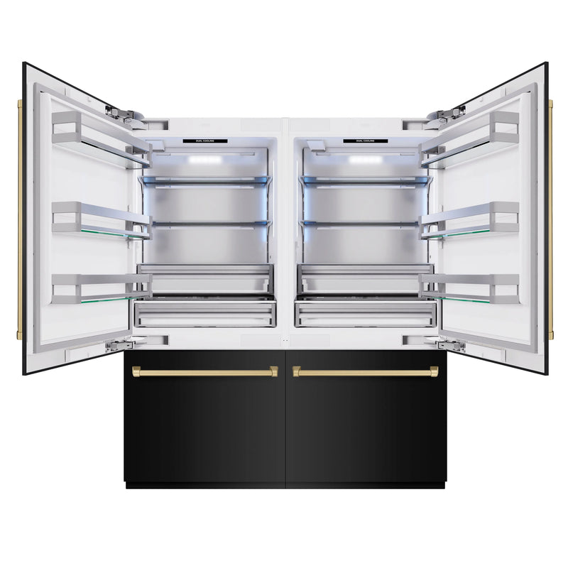 ZLINE Autograph Edition 72-Inch 39.6 cu. ft. French Door Built-In Bottom Freezer Refrigerator with Water Dispensers and Ice Makers in Black Stainless Steel and Champagne Bronze Accents (RBITZ-BS-72-CB)