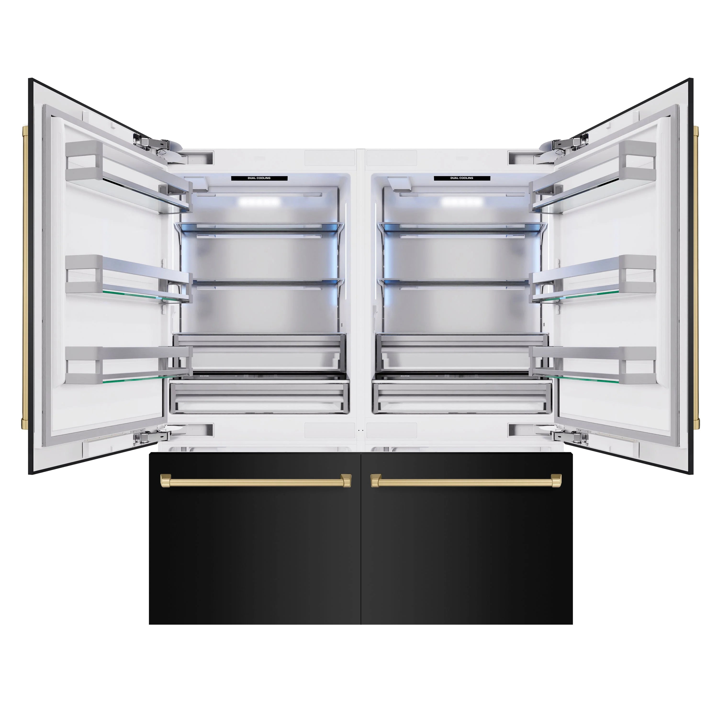 French-door refrigerator open, white interior shelves, black base with bronze handles
