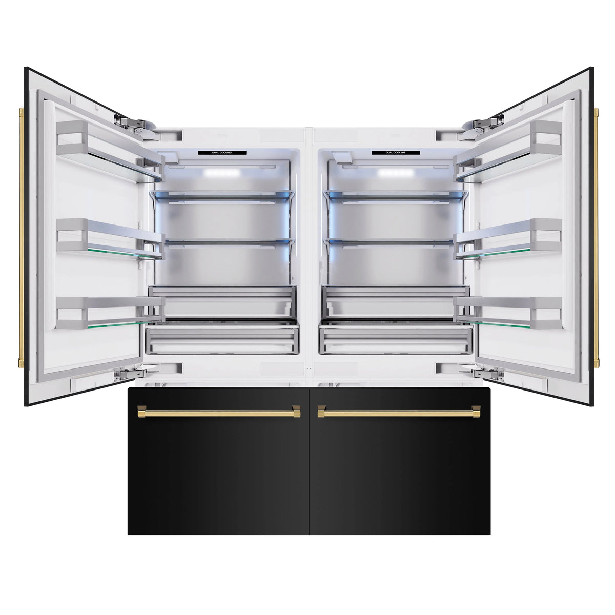 Open French door refrigerator interior with shelves and drawers; black freezer base