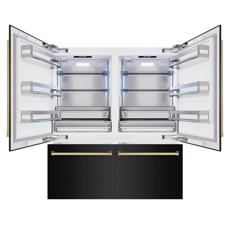 ZLINE Autograph Edition 72-Inch 39.6 cu. ft. French Door Built-In Bottom Freezer Refrigerator with Water Dispensers and Ice Makers in Black Stainless Steel and Polished Gold Accents (RBITZ-BS-72-G)