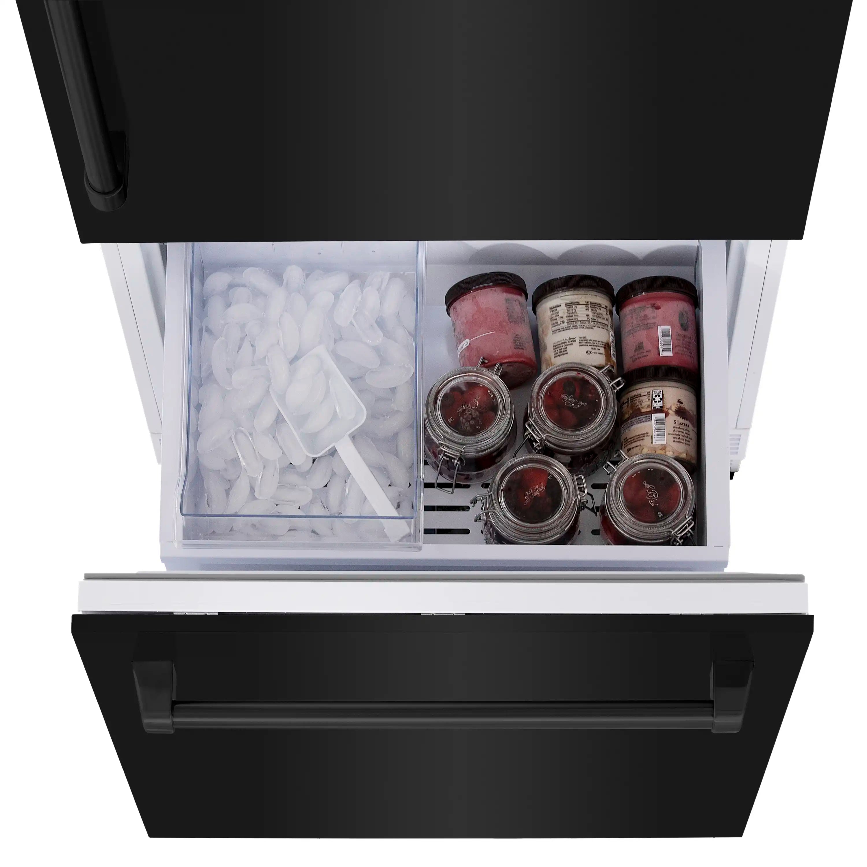 Two-compartment bottom freezer with ice cubes and stacked jars