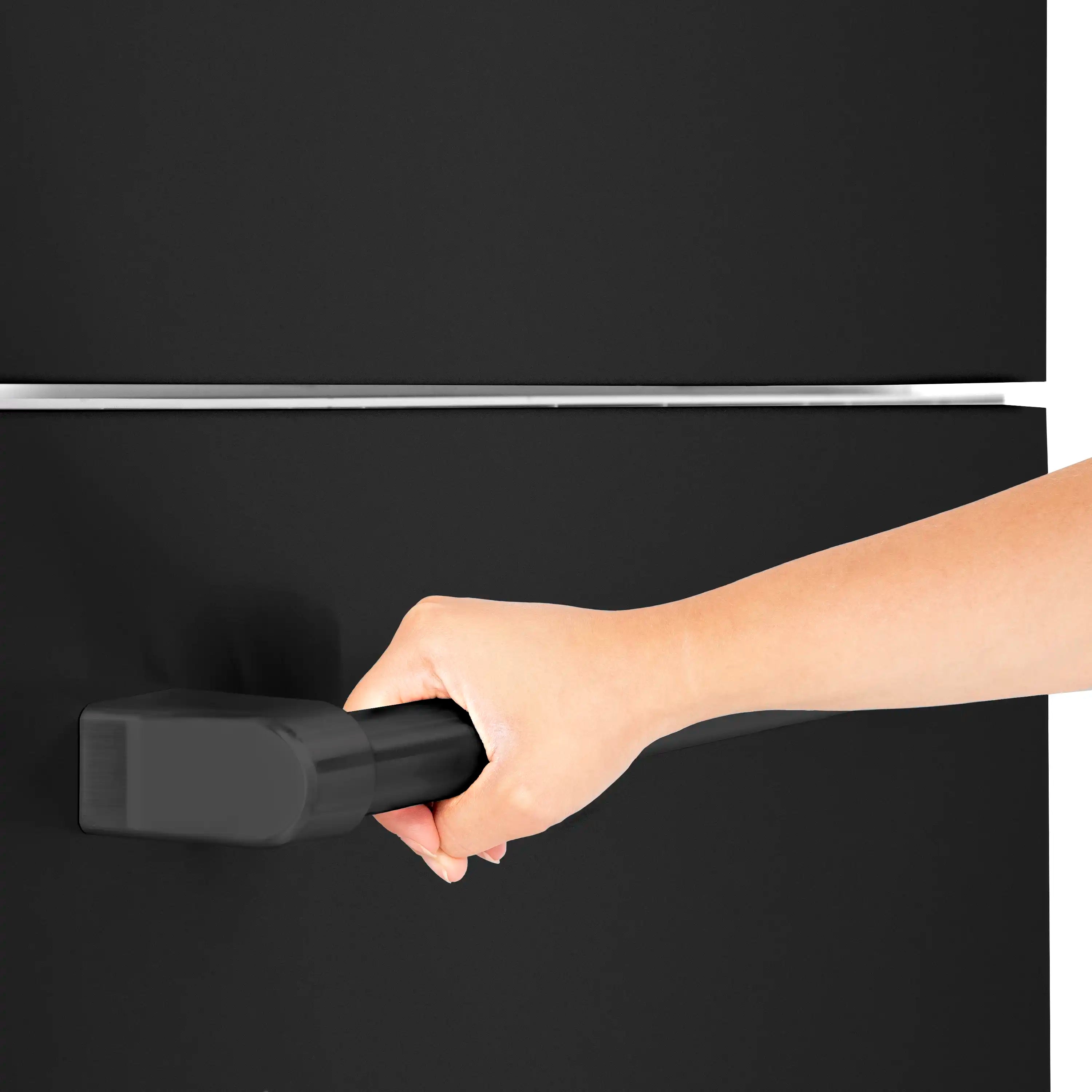 Hand pulling internal freezer dispenser handle on black refrigerator