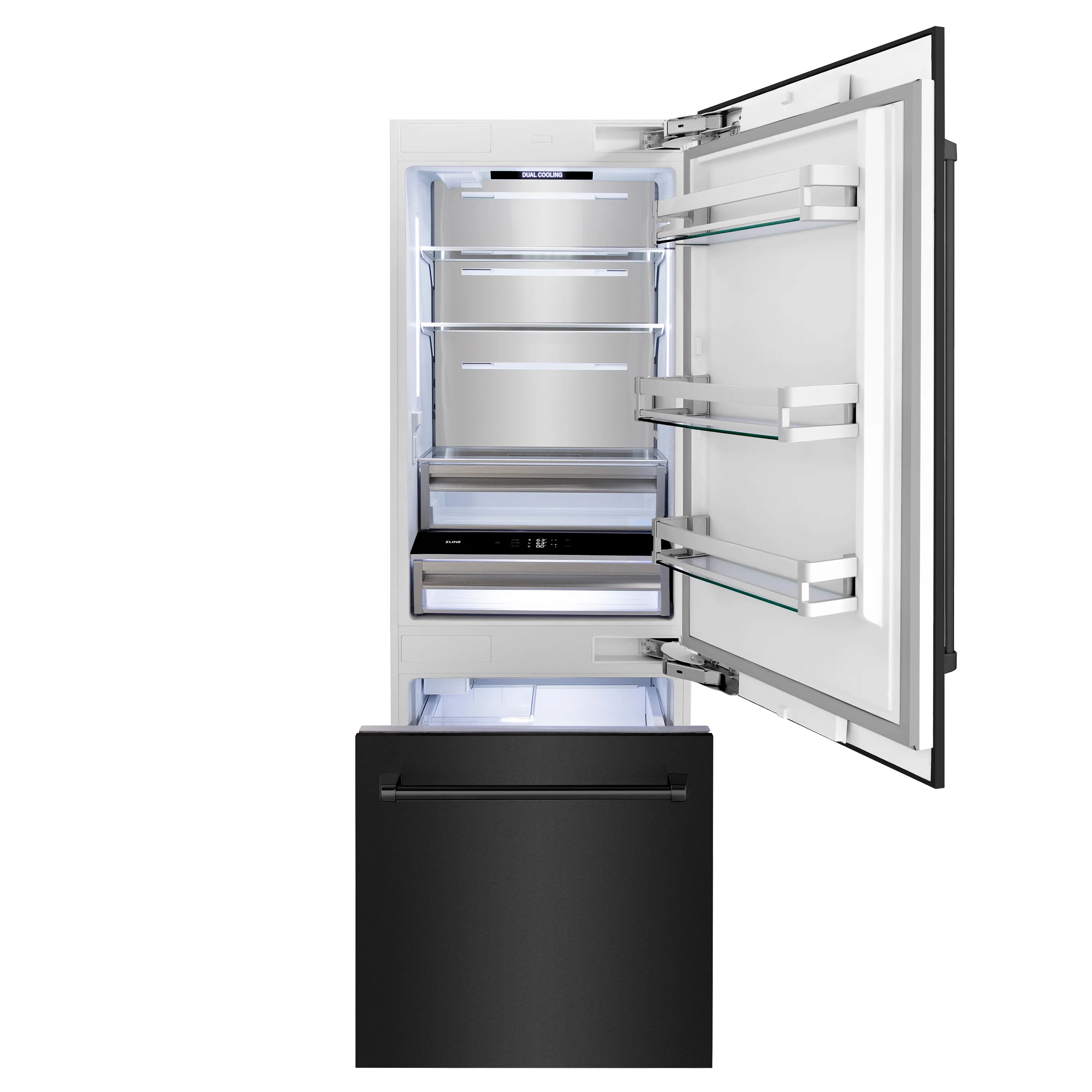 ZLINE bottom freezer refrigerator with doors open, glass shelves and fresh food bins