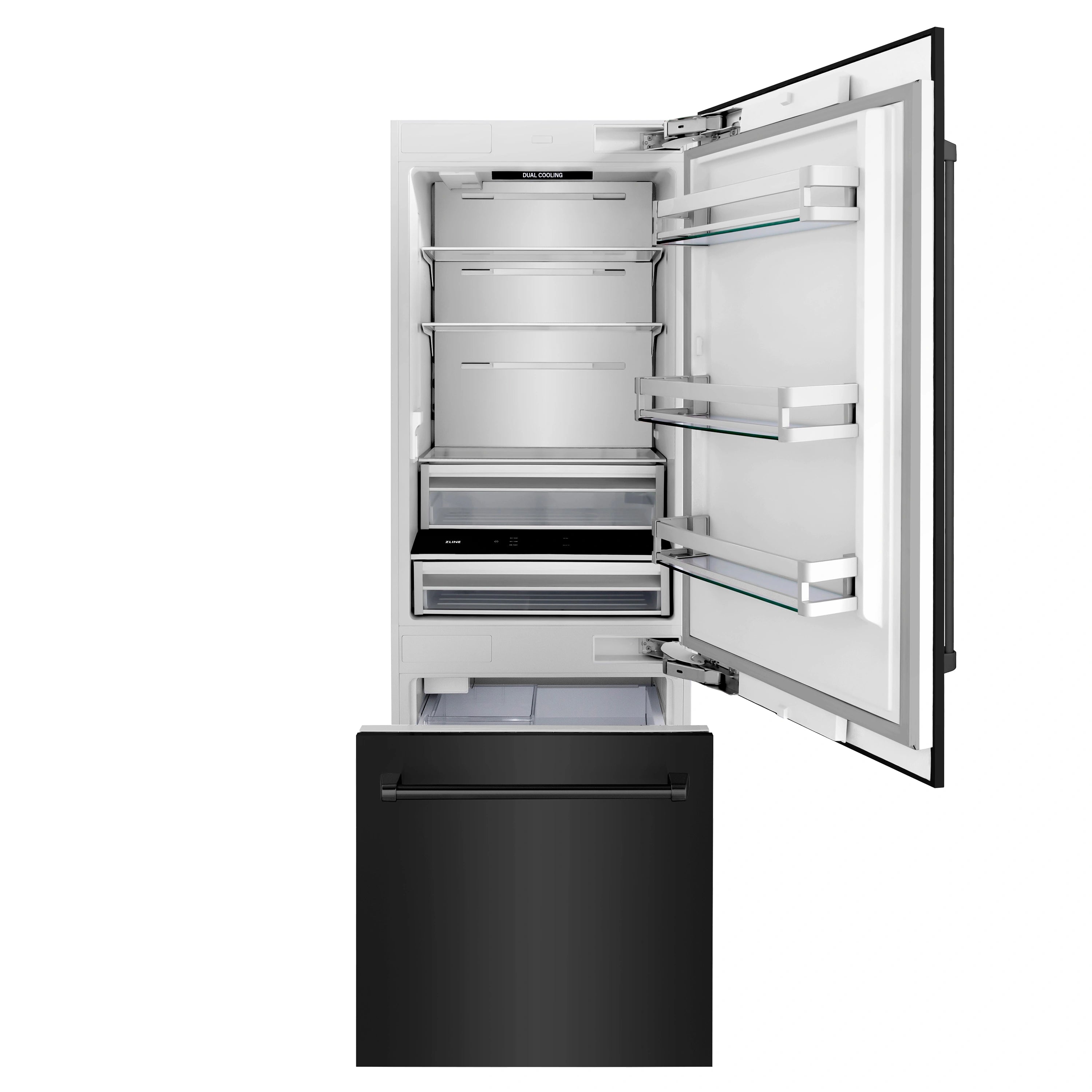 ZLINE bottom freezer fridge with upper fridge and lower freezer doors open, shelves visible